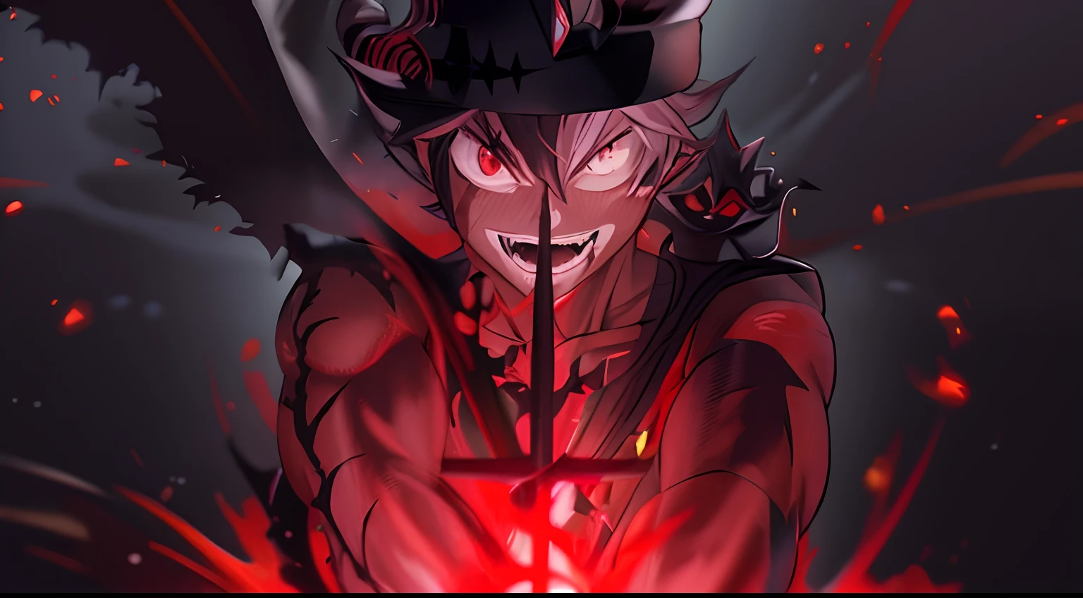 Anime character with a black hat and a red eye holding a sword, Otaku Gangasta, Arte Oficial, Captura de tela de Black Clover, Gatilho Estilo de Arte de Anime, he's very menacing and evil, fanart de alta qualidade, arte chave do anime, Epic anime style, Demon Boy, fan art, !!Beautiful!!, Sharp!, alta resolução, Cain, digital advanced anime art "