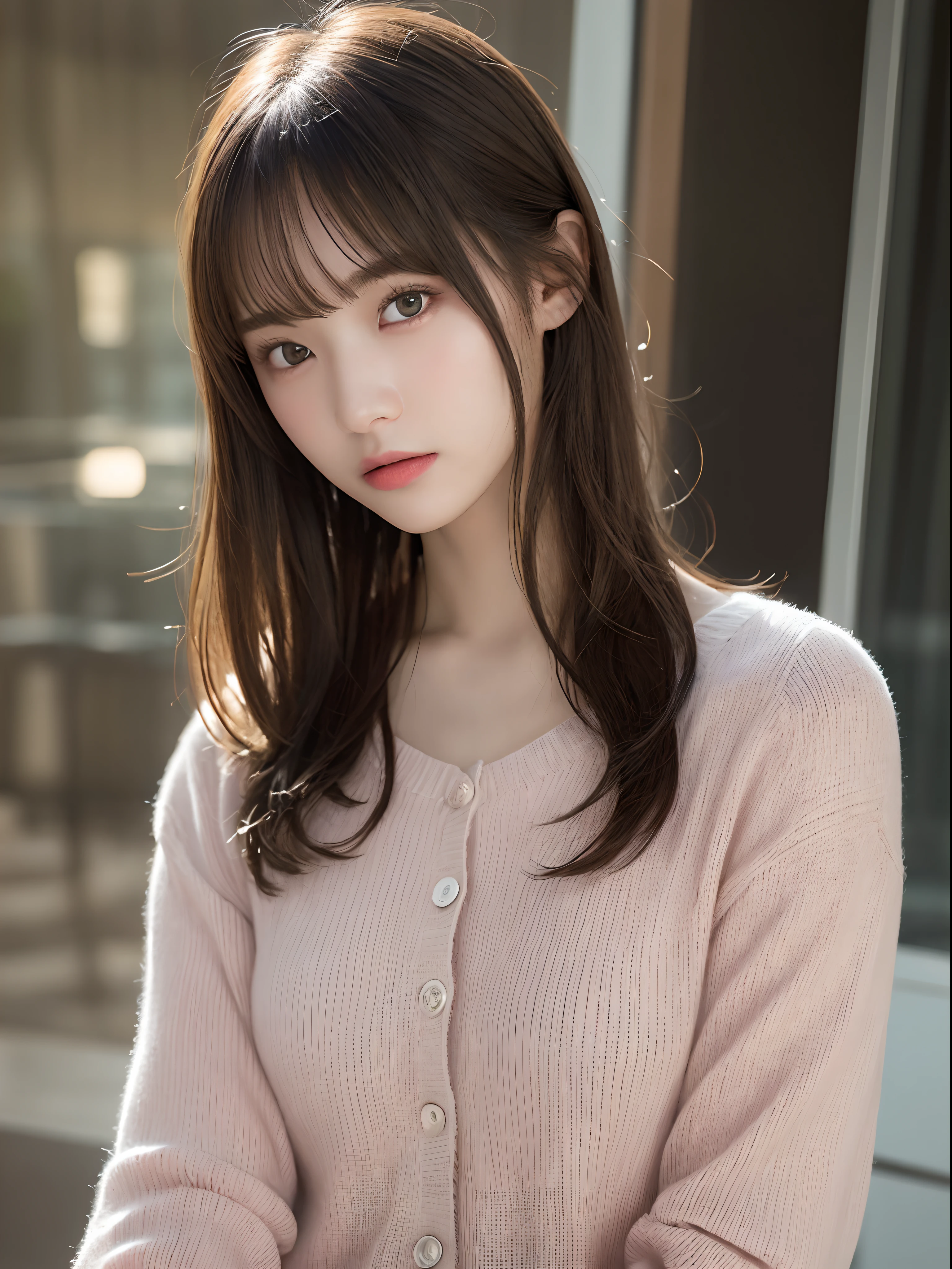 (masterpiece:1.3), (8K, Photorealsitic, Raw photography, Top image quality: 1.4), 20 year old girl、(Random hairstyles:1.2)、Super Detail Face、Eye of Detail、二重まぶた、foco nítido:1.2、prety woman:1.4、light brown hair、top-quality、masterpiece、超A high resolution、(Photorealsitic:1.4)、very detailed and professional lighting、Wear a blouse and a pink knitted cardigan、slender、serious facial expression、short-haired、Fatal position、Transparent skin、randome pose、Glowing hair、Gravure Model Pose、