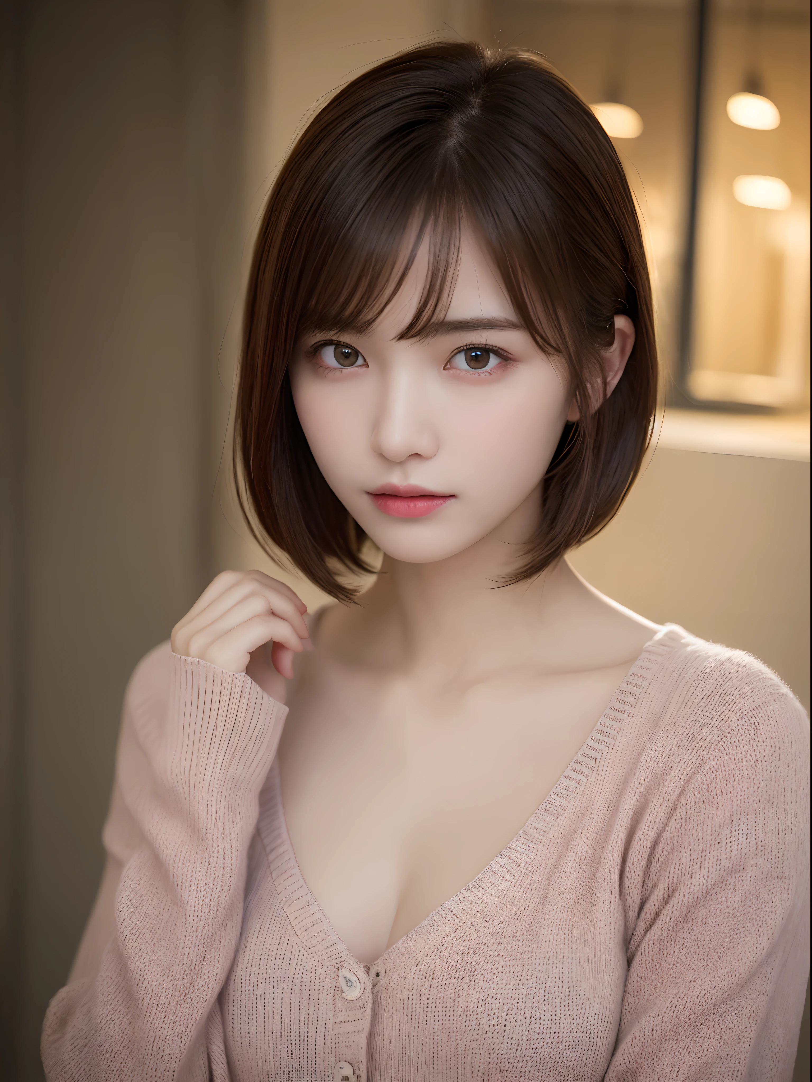 (masterpiece:1.3), (8K, Photorealsitic, Raw photography, Top image quality: 1.4), 20 year old girl、(Random hairstyles:1.2)、Super Detail Face、Eye of Detail、二重まぶた、foco nítido:1.2、prety woman:1.4、light brown hair、top-quality、masterpiece、超A high resolution、(Photorealsitic:1.4)、very detailed and professional lighting、Wear a blouse and a pink knitted cardigan、slender、serious facial expression、short-haired、Fatal position、Transparent skin、randome pose、Glowing hair、Gravure Model Pose、