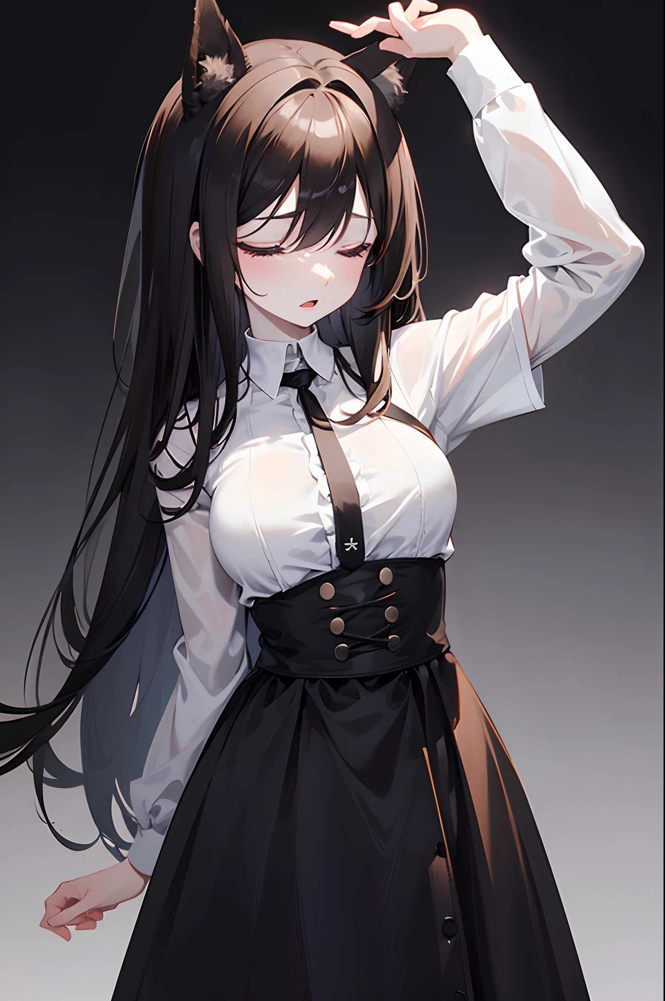 Adult woman, pale skin, standing, bust up, , hands down, black background, simple hair, dog ears, brown hair, long straight hair, closed eyes, open mouth