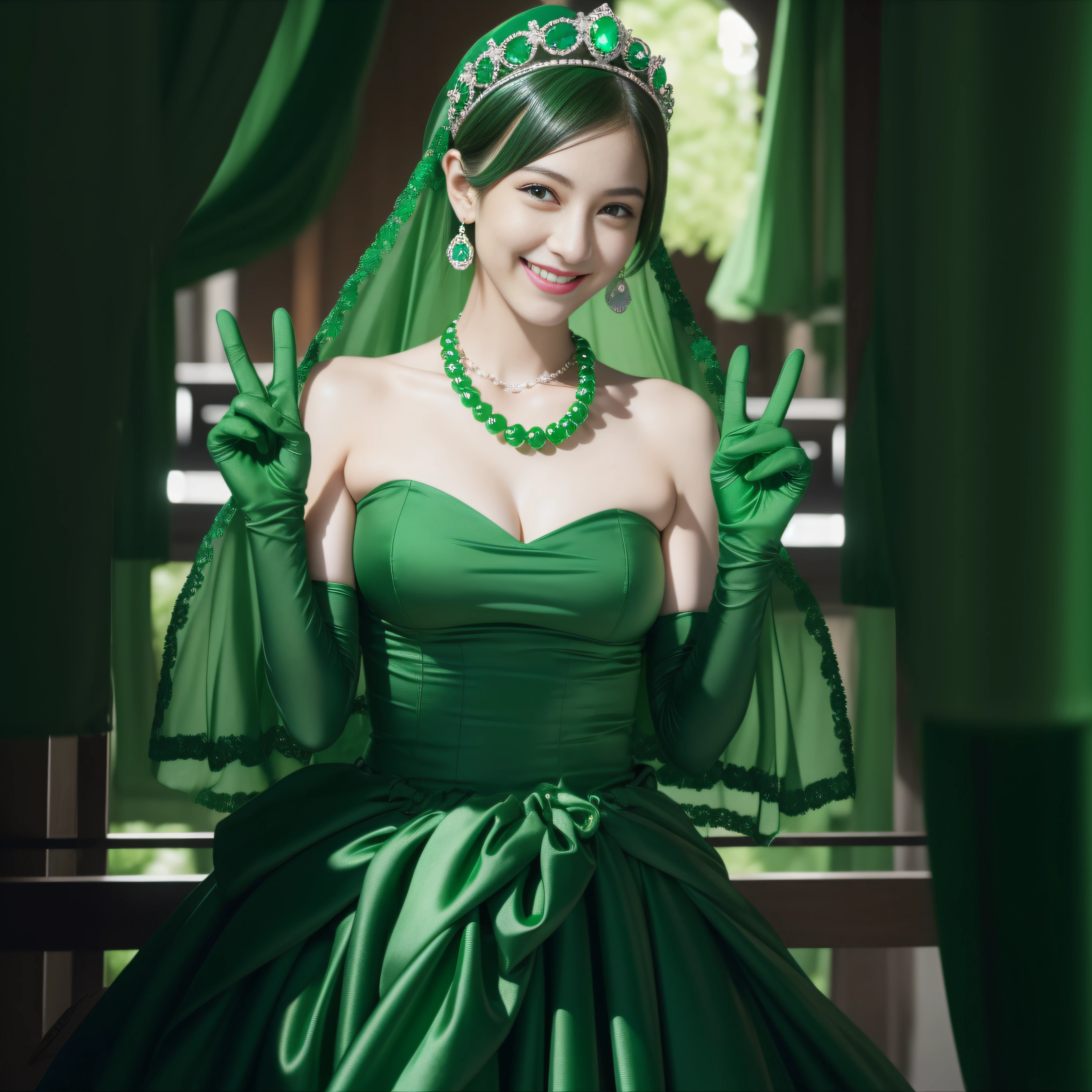 emerald tiara, Green Pearl Necklace, ボーイッシュな非常に短いgreen hair, green lips, Smiling Japan woman in her 30s, very short hair, Beautiful woman with big breasts, green eyes, green satin long gloves, green eyes, emerald earrings, Green veil, Heart with both hands, green hair, beautiful japanese woman, heart shaped hands:1.3, green lip gloss