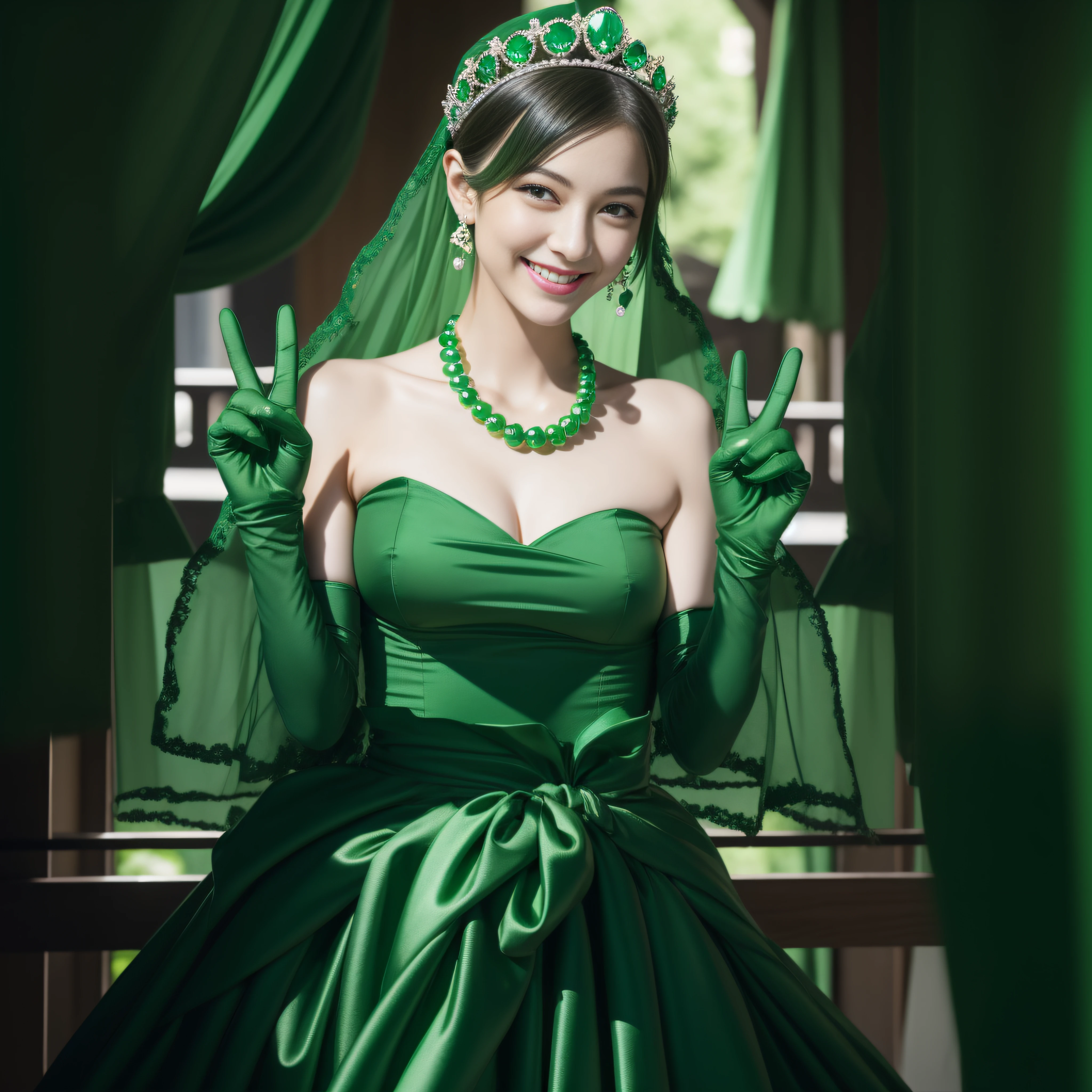 emerald tiara, Green Pearl Necklace, Boyish very short green hair, lipsticks, Japan woman smiling, very short short hair, big breasts beautiful, Green eyes, Long green gloves made of satin material, Green eyes, v sign,V-sign with both hands, Emerald Earrings