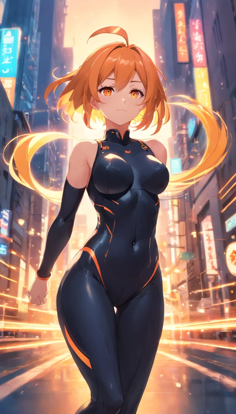 ​masterpiece、top-quality、1 female、Orange hair、huge tit、Big ass、black rubber suit、yellow eyes、thick thighs、Wavy hair、wide hips、Thigh muscles、(Spark:0.7)、musculature、abdominals