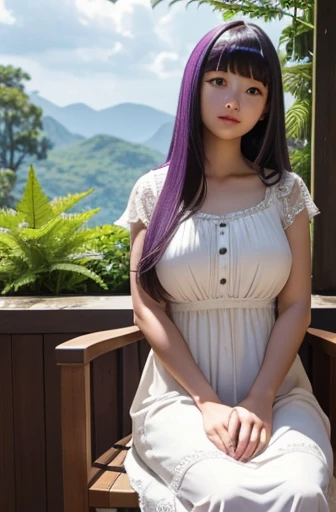 Fern is women. Her height is 170cm and BMI is 27.5. Her hair is long with straight bangs. Her hair is violet. Fern is sitting on the wood chair. She is wearing a white long summer dress. She is breast-feeding now.