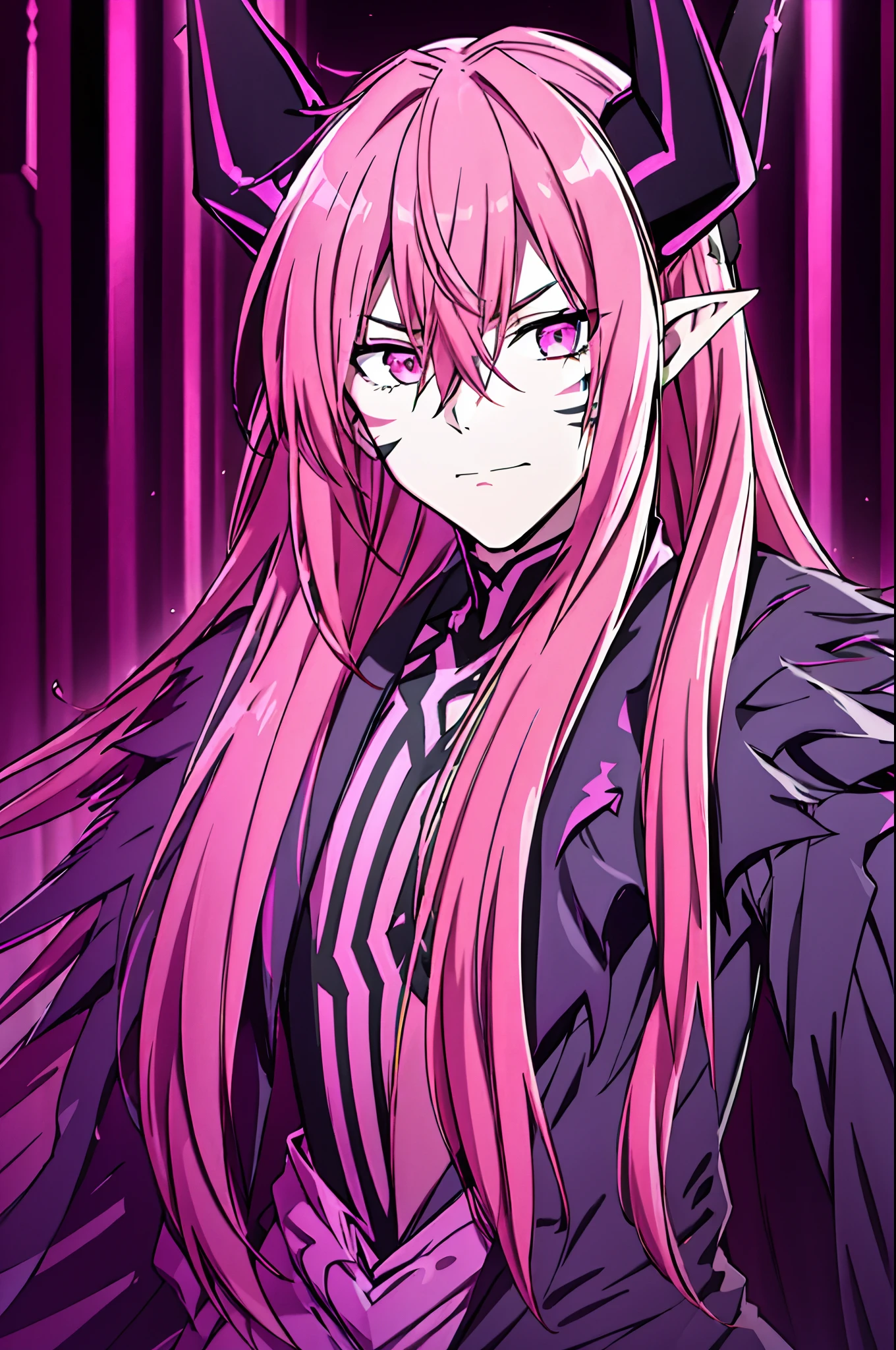 pointy ears, pink hair, comics, male focus, pink eyes, man, facial mark, demon boy, solo, long hair, male, horns, upper body, demon horns, hair between eyes