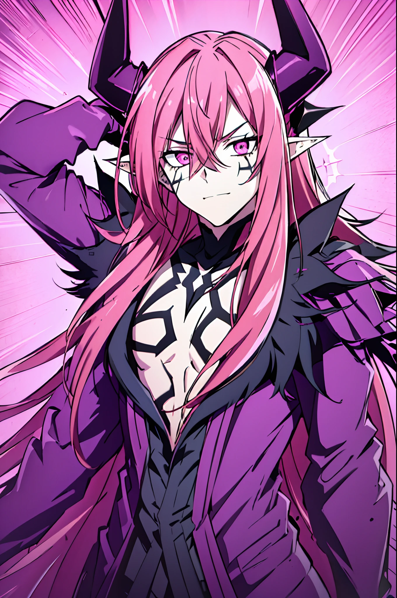 pointy ears, pink hair, comics, male focus, pink eyes, man, facial mark, demon boy, solo, long hair, male, horns, upper body, demon horns, hair between eyes