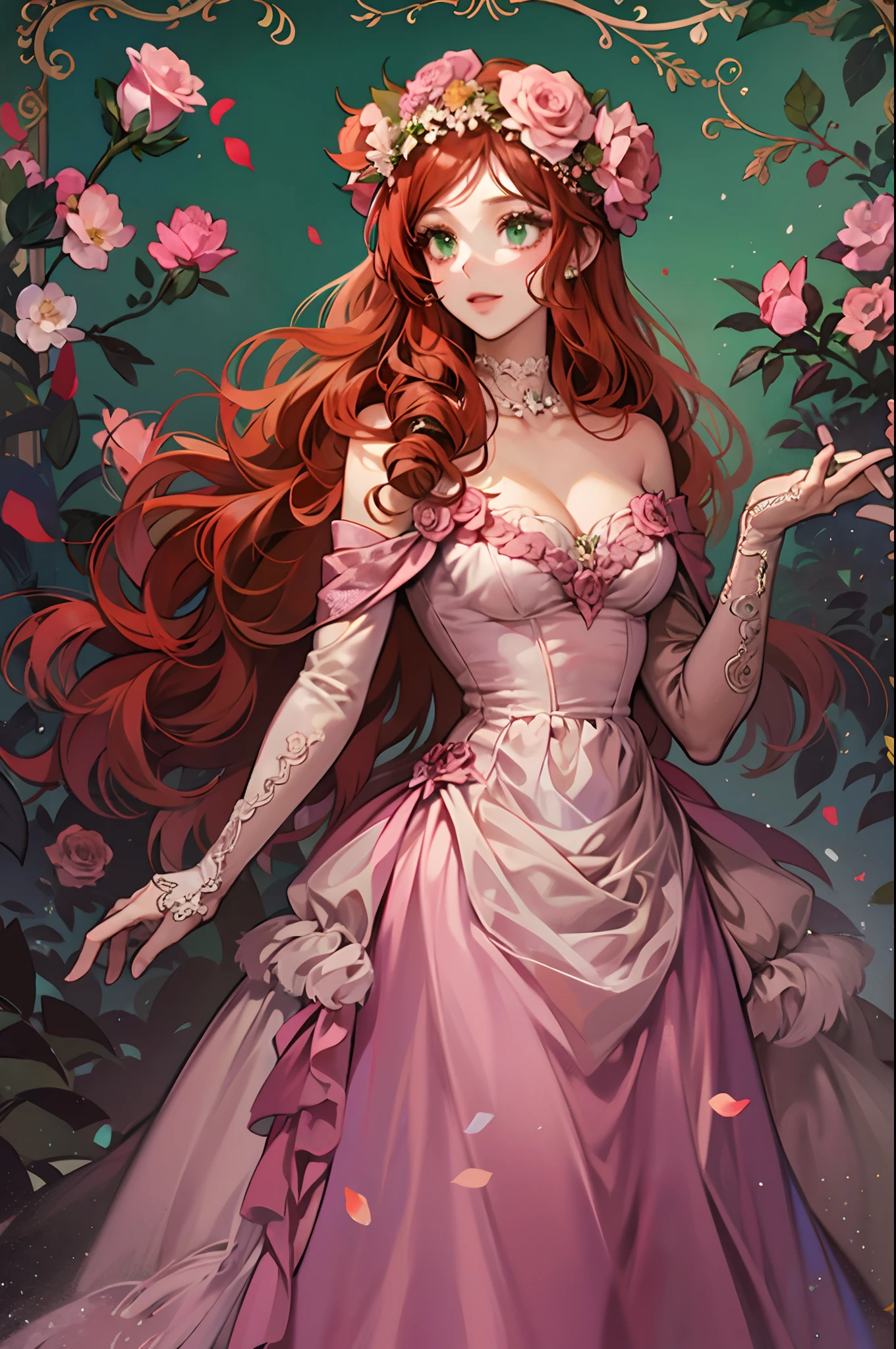 woman, beautiful, redhead, side part hairstyle, dark green eyes, flower crown, pink roses, dress, princess, fantasy