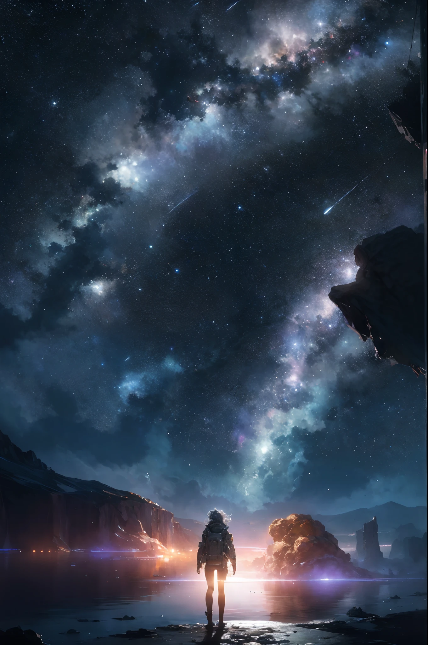 Draw a young female explorer, standing on a research platform floating in the middle of a futuristic cosmic asteroid belt, turn her back on viewers , from behind,surrounded by several cosmic asteroid meteor showers glowing with fiery cosmic auras BREAK Dramatic cinematic lighting from distant shooting stars and planets illuminates the scene, casting deep shadows on the suit, looking at the vast and mysterious cosmic psychedelic universe with wonder and respect,BREAK,Detailed,Realistic,4k highly detailed digital art,octane render, bioluminescent, BREAK 8K resolution concept art, realism,by Mappa studios,masterpiece,best quality,official art,illustration,ligne claire,(cool_color),perfect composition,absurdres,cosmic,fantasy,focused,rule of thirds