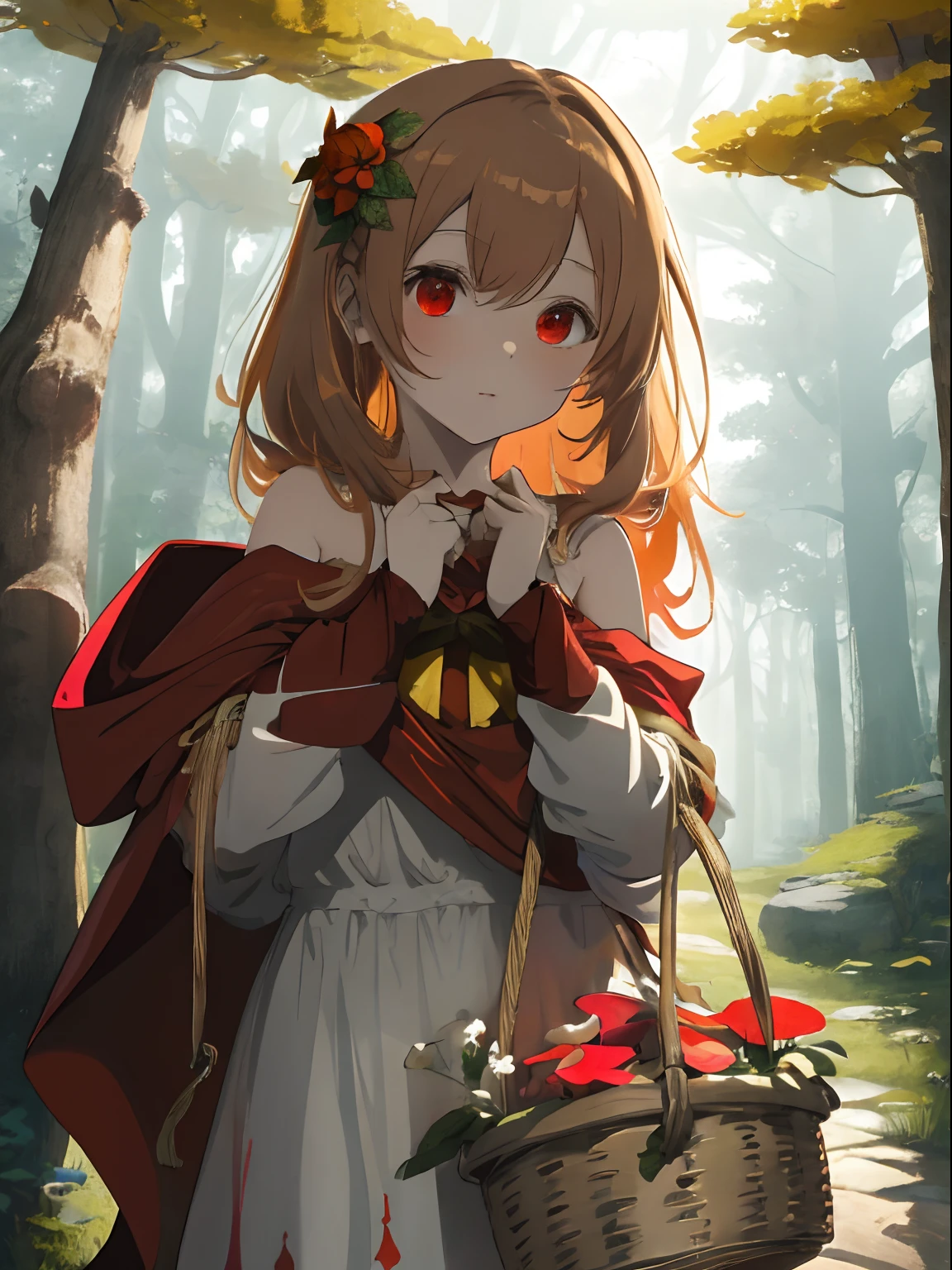 House in the shape of a mushroom,A forest with a fairytale atmosphere in a mysterious country,Plants with mysterious shapes,Colorful flowers(amarelo,shuicolor,an orange),fluffy light brown hair,Little Red Riding Hood,red hoods,A red poncho long enough to hide your shoulders,Wearing a red hood,In his hand he held a basket of baskets,White Dress,Slight red tide,
