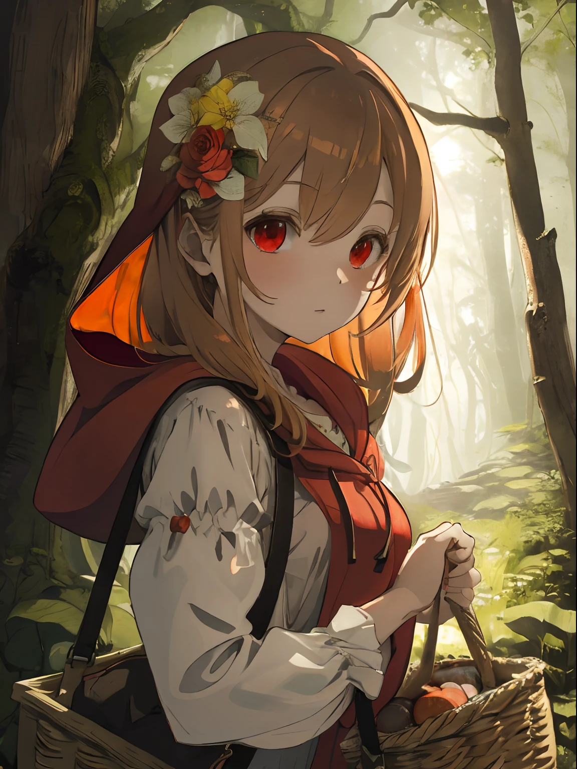 House in the shape of a mushroom,A forest with a fairytale atmosphere in a mysterious country,Plants with mysterious shapes,Colorful flowers(amarelo,shuicolor,an orange),fluffy light brown hair,Little Red Riding Hood,red hoods,A red poncho long enough to hide your shoulders,Wearing a red hood,In his hand he held a basket of baskets,White Dress,Slight red tide,