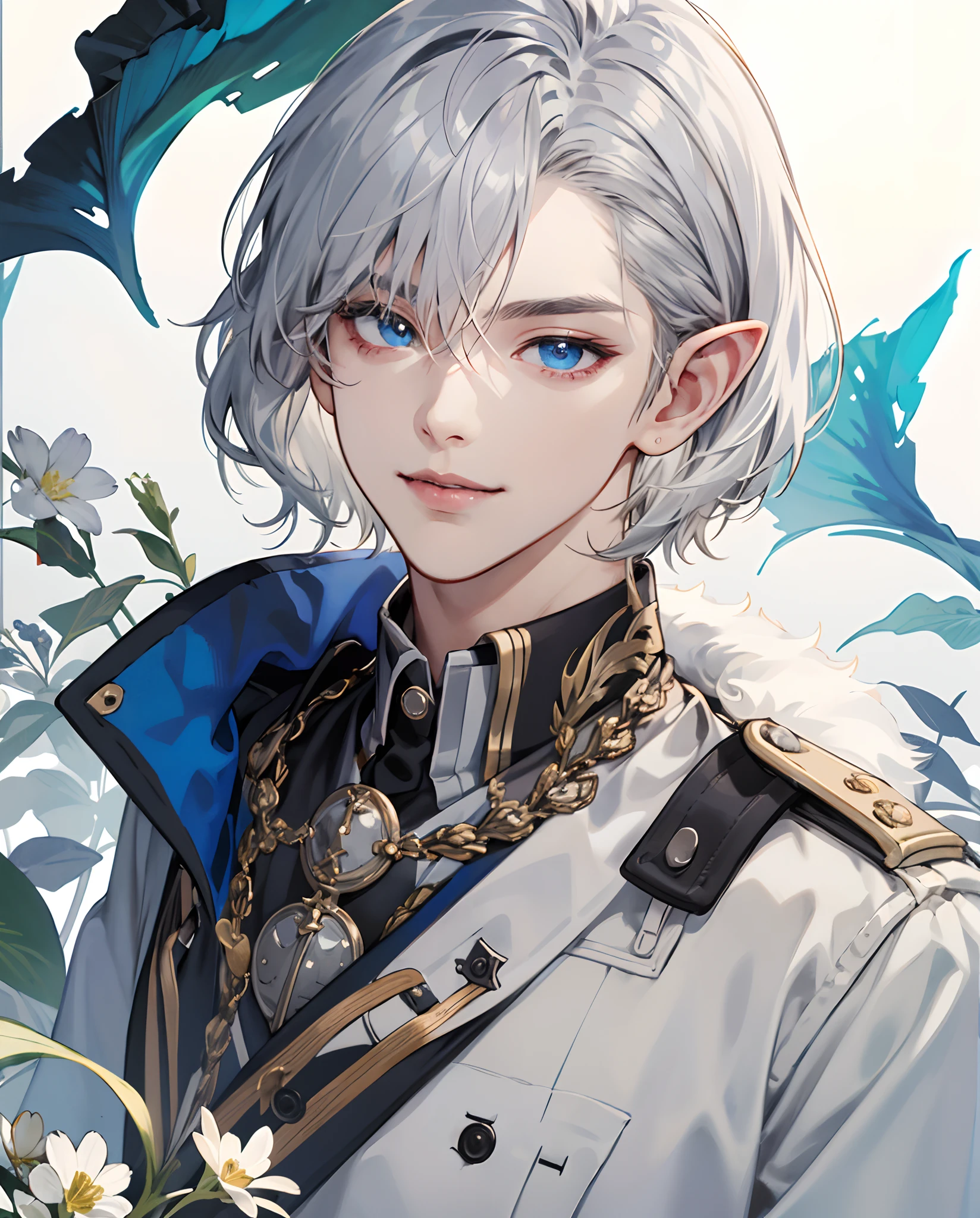​masterpiece、top-quality、超A high resolution、2D Bishonen、Silvery hair 、Blue eyes, Elven ears, Wearing a military uniform,  short-haired, Gentle smile, Eyes are depicted in detail、Clothes are depicted in detail、The face is depicted in detail、soio、animesque、illustratio