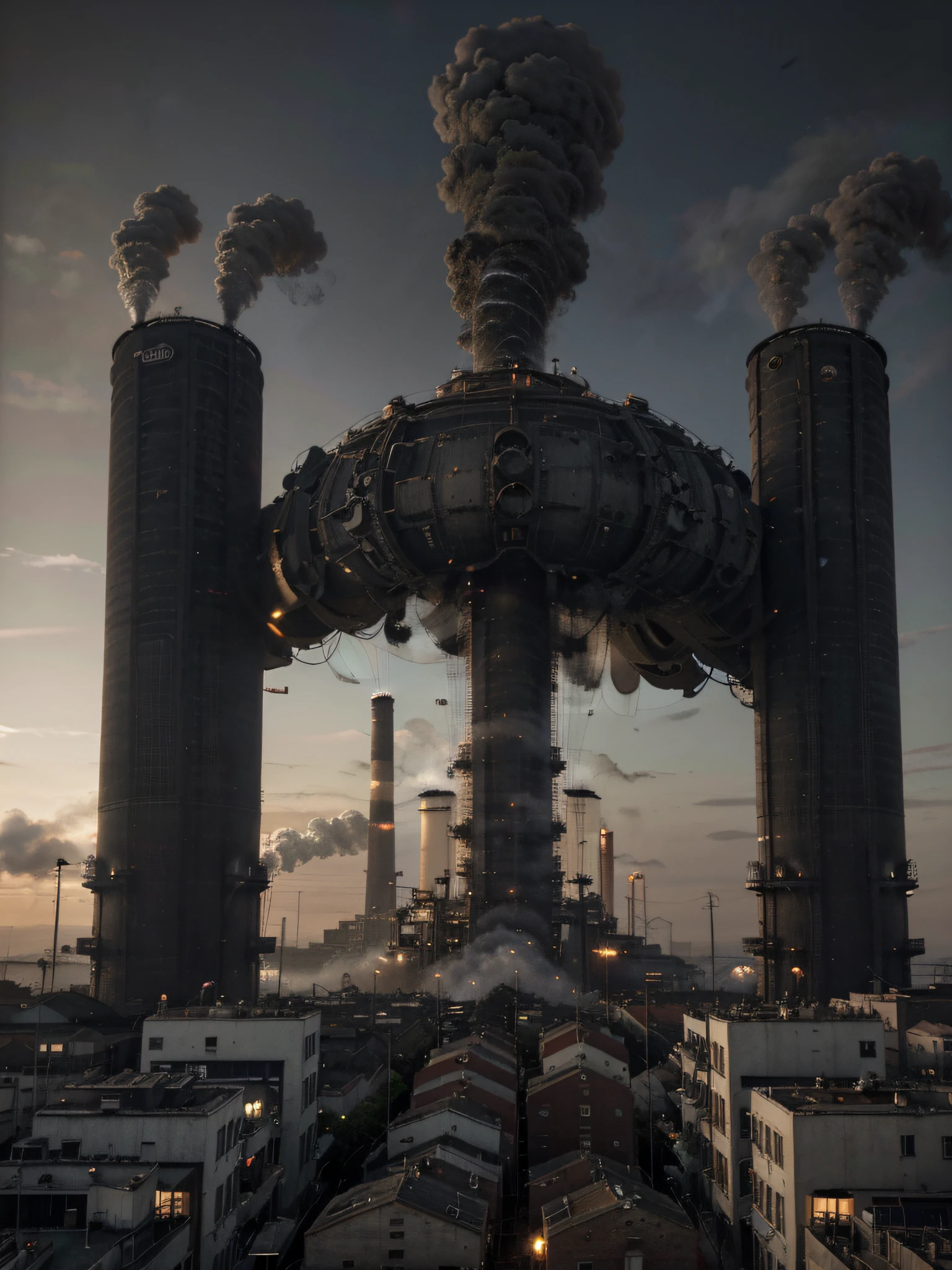 Cidade Industrial, cercado por parede, Steampunk, enferrujado e pesado, smoke billowing, chimney, factories, Engrenagens, maquinaria, tall buildings, Torres, steam power, tubos de vapor, street lighting, (Cinematic lighting:0.8, Super Detalhe, florescer)