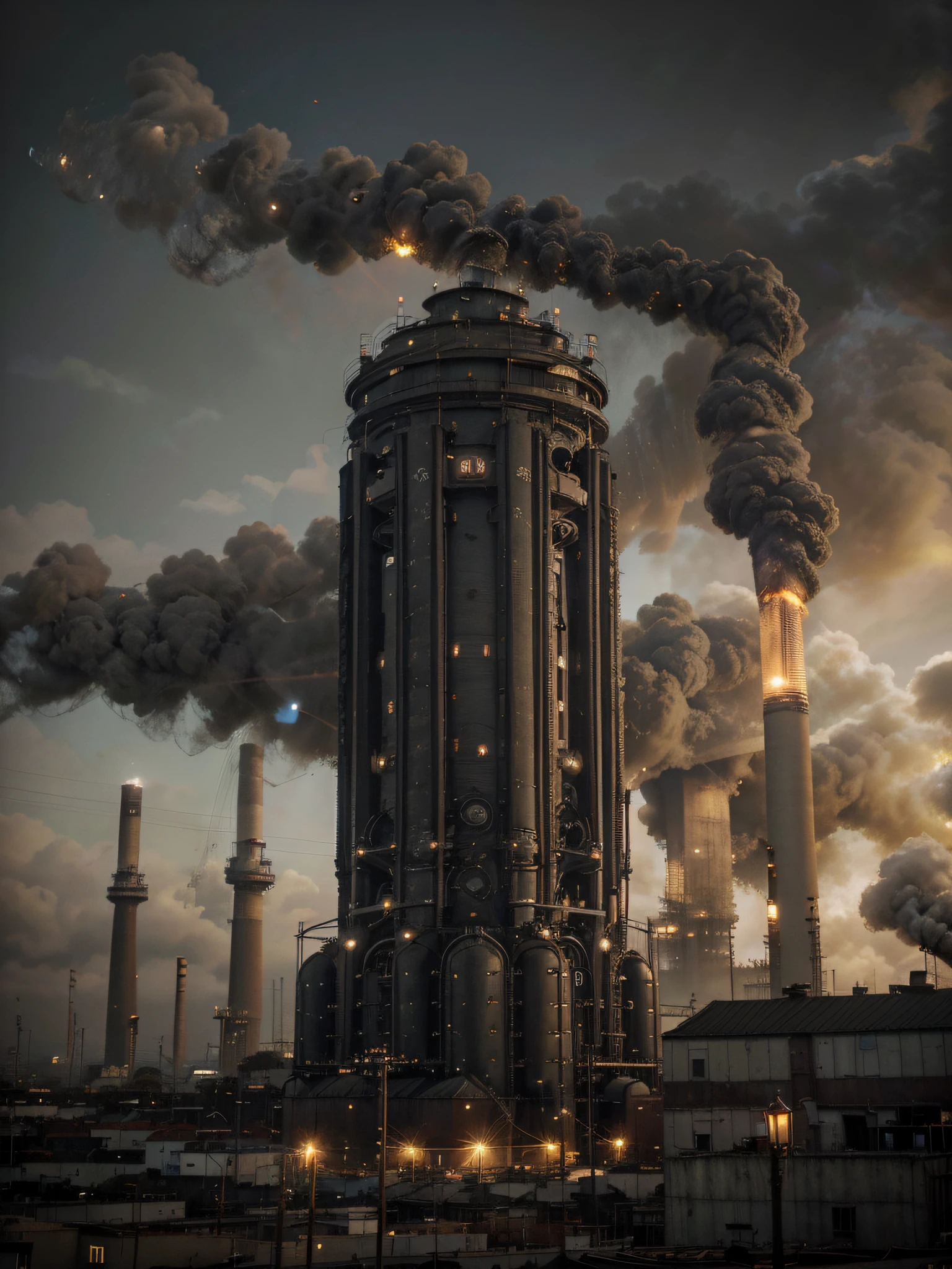 Cidade Industrial, cercado por parede, Steampunk, enferrujado e pesado, smoke billowing, chimney, factories, Engrenagens, maquinaria, tall buildings, Torres, steam power, tubos de vapor, street lighting, (Cinematic lighting:0.8, Super Detalhe, florescer)