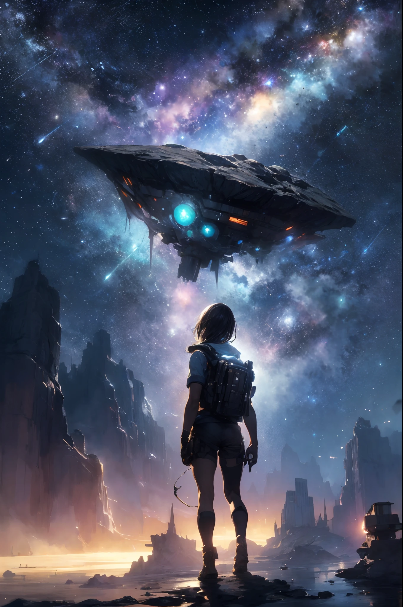 Draw a young female explorer, standing on a research platform floating in the middle of a futuristic cosmic asteroid belt, turn her back on viewers , from behind,surrounded by several cosmic asteroid meteor showers glowing with fiery cosmic auras BREAK Dramatic cinematic lighting from distant shooting stars and planets illuminates the scene, casting deep shadows on the suit, looking at the vast and mysterious cosmic psychedelic universe with wonder and respect,BREAK,Detailed,Realistic,4k highly detailed digital art,octane render, bioluminescent, BREAK 8K resolution concept art, realism,by Mappa studios,masterpiece,best quality,official art,illustration,ligne claire,(cool_color),perfect composition,absurdres,cosmic,fantasy,focused,rule of thirds