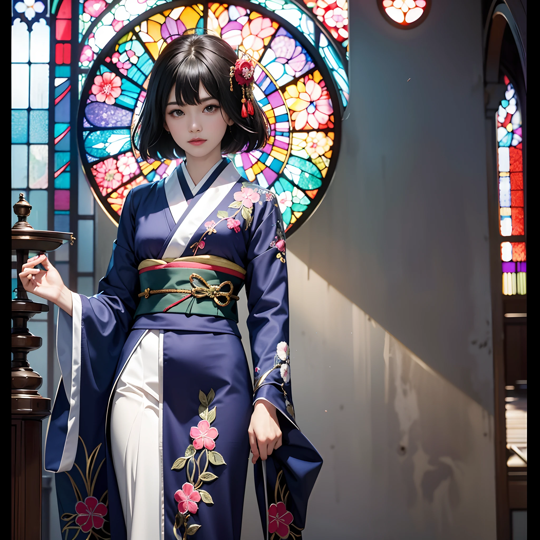 Background of details(Intricate stained glass),BREAK ,elaborate costume(Luxurious Japan kimono(Colorful kimono(detailed embroidery()))),BREAK,(1 Beautiful and classy adult woman(Shy smile:1.2)(Japanese actressl:1.2)(A dark-haired:1.2(short-hair:1.2))),(eye glass:1.2),(Praying to stained glass),BREAK,Wallpapers 16K,Blur the background,)(masutepiece,Best Quality,Portrait photos):1.5),full body Esbian,3D Pixel Art