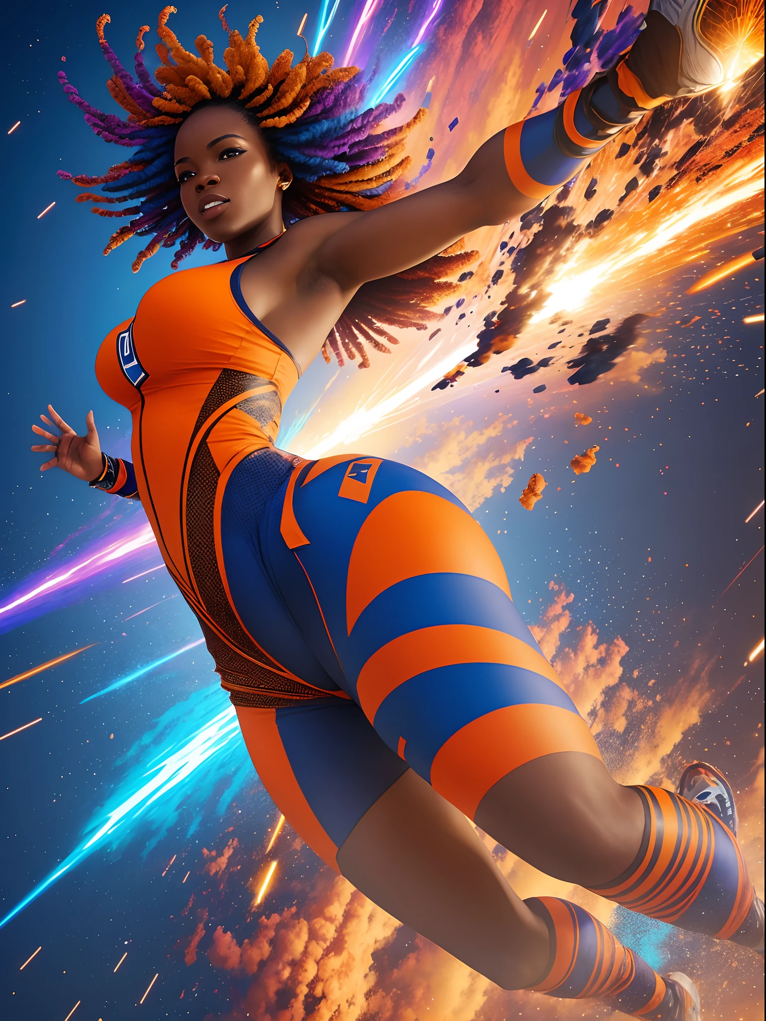 Extreme low angle shot of african woman jumping high in the sky, surrounded by exploding colour bombs of orange and blue, light in the scene giving a blue and orange colour, cinematic lighting, artgerm style, 32k, ultra HD, unreal engine rendered, hyper-realistic image, --auto --s2