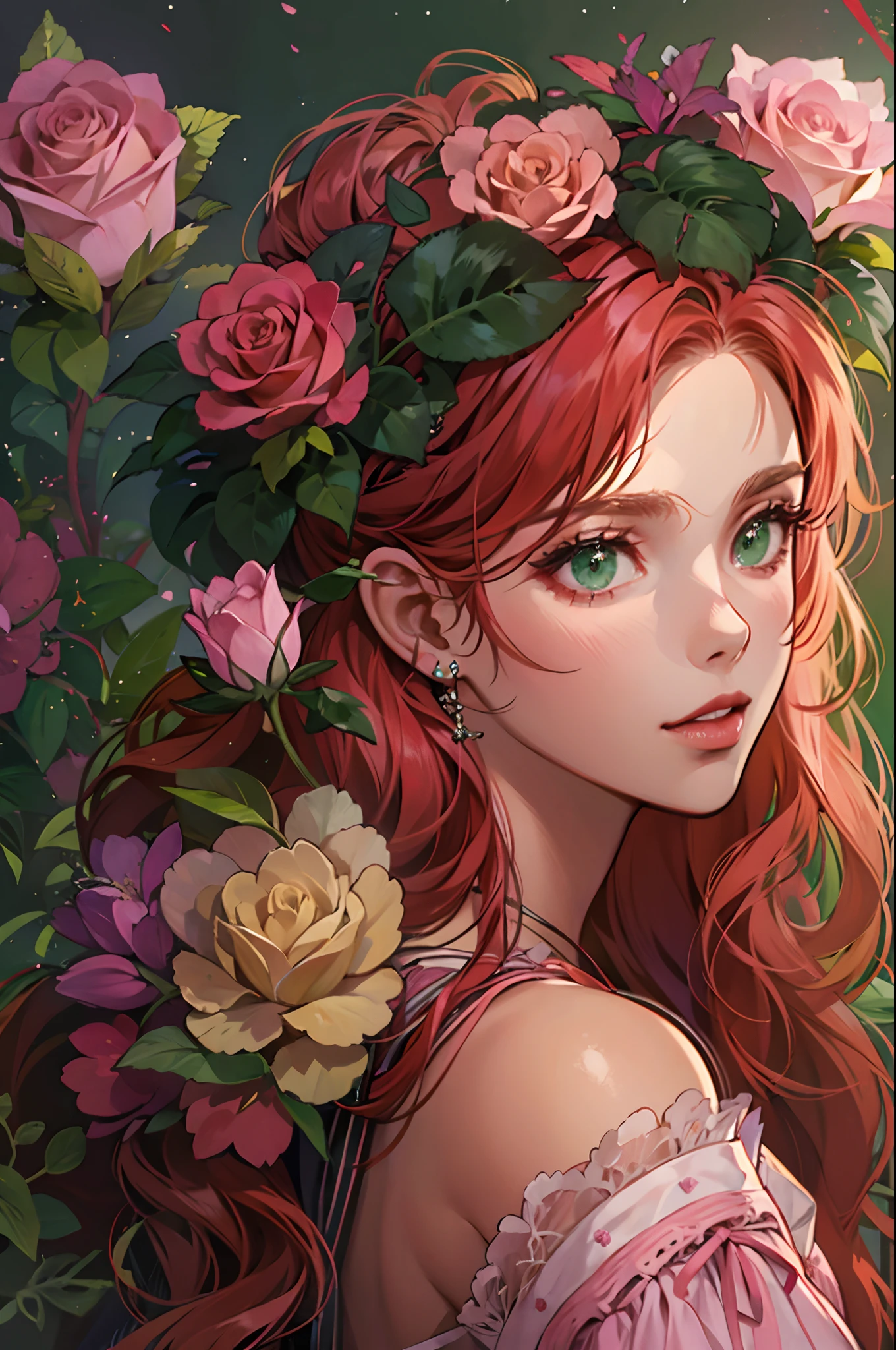 woman, beautiful, redhead, side part hairstyle, dark green eyes, flower crown, pink roses, dress, princess, fantasy
