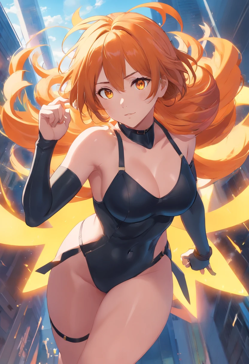 ​masterpiece、top-quality、1 female、Orange hair、huge tit、Big ass、black rubber suit、yellow eyes、thick thighs、Wavy hair、wide hips、Thigh muscles、(Spark:0.7)、musculature、abdominals