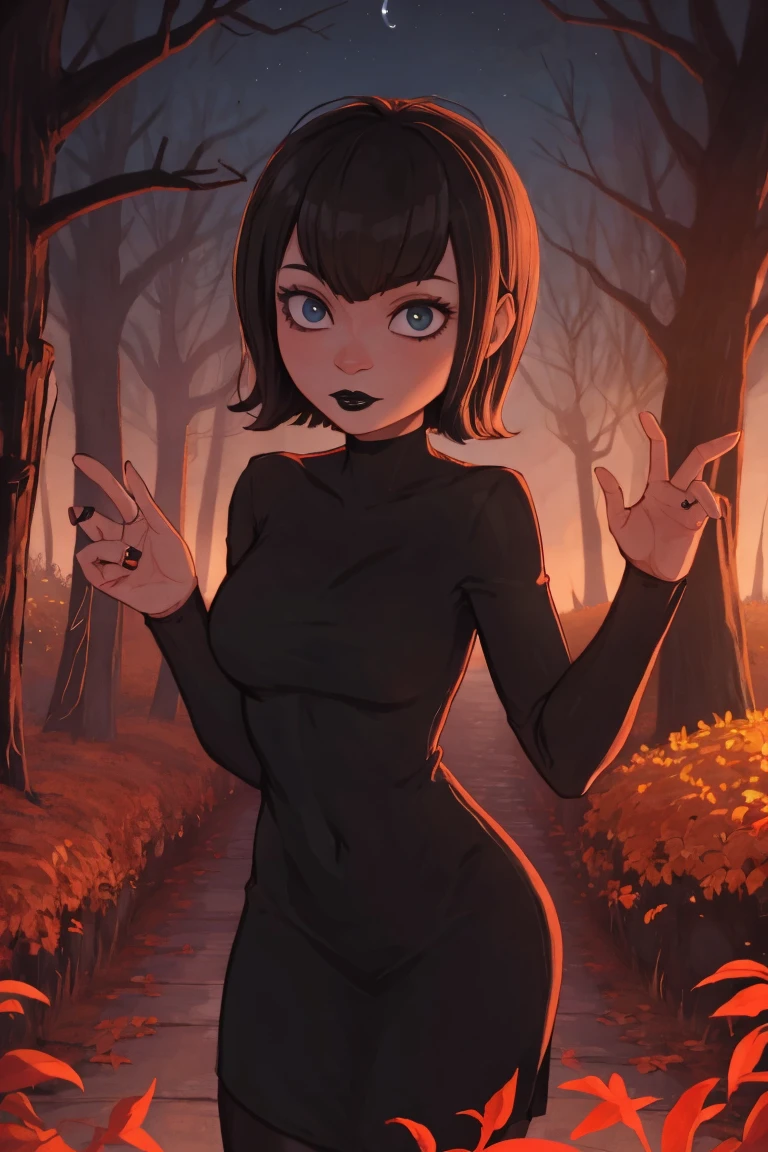 Mavis in night forest, autumn, , black lipstick, night, nightfall, night,