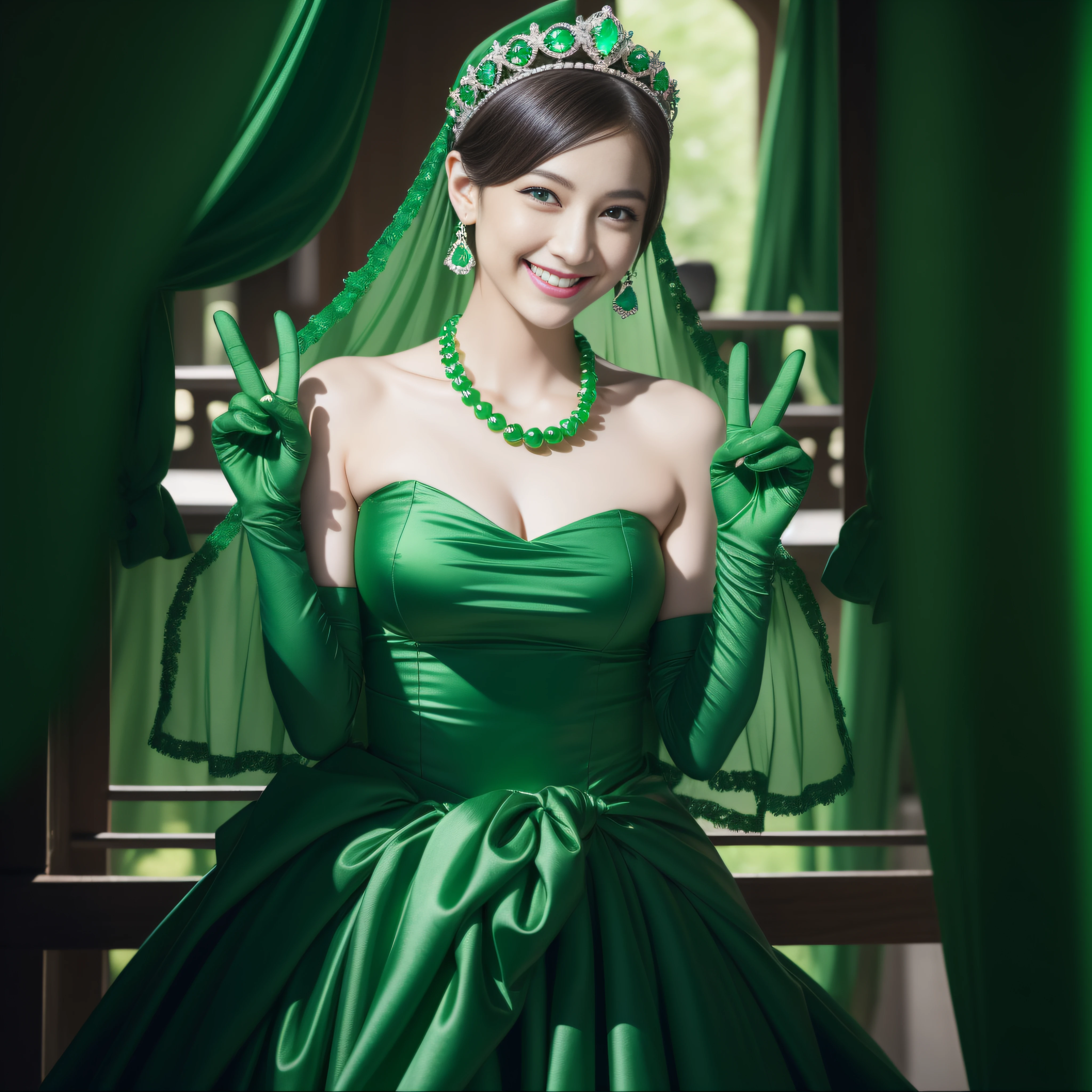 emerald tiara, Green Pearl Necklace, Boyish very short green hair, lipsticks, Japan woman smiling, very short short hair, big breasts beautiful, Green eyes, Long green gloves made of satin material, Green eyes, v sign,V-sign with both hands, Emerald Earrings