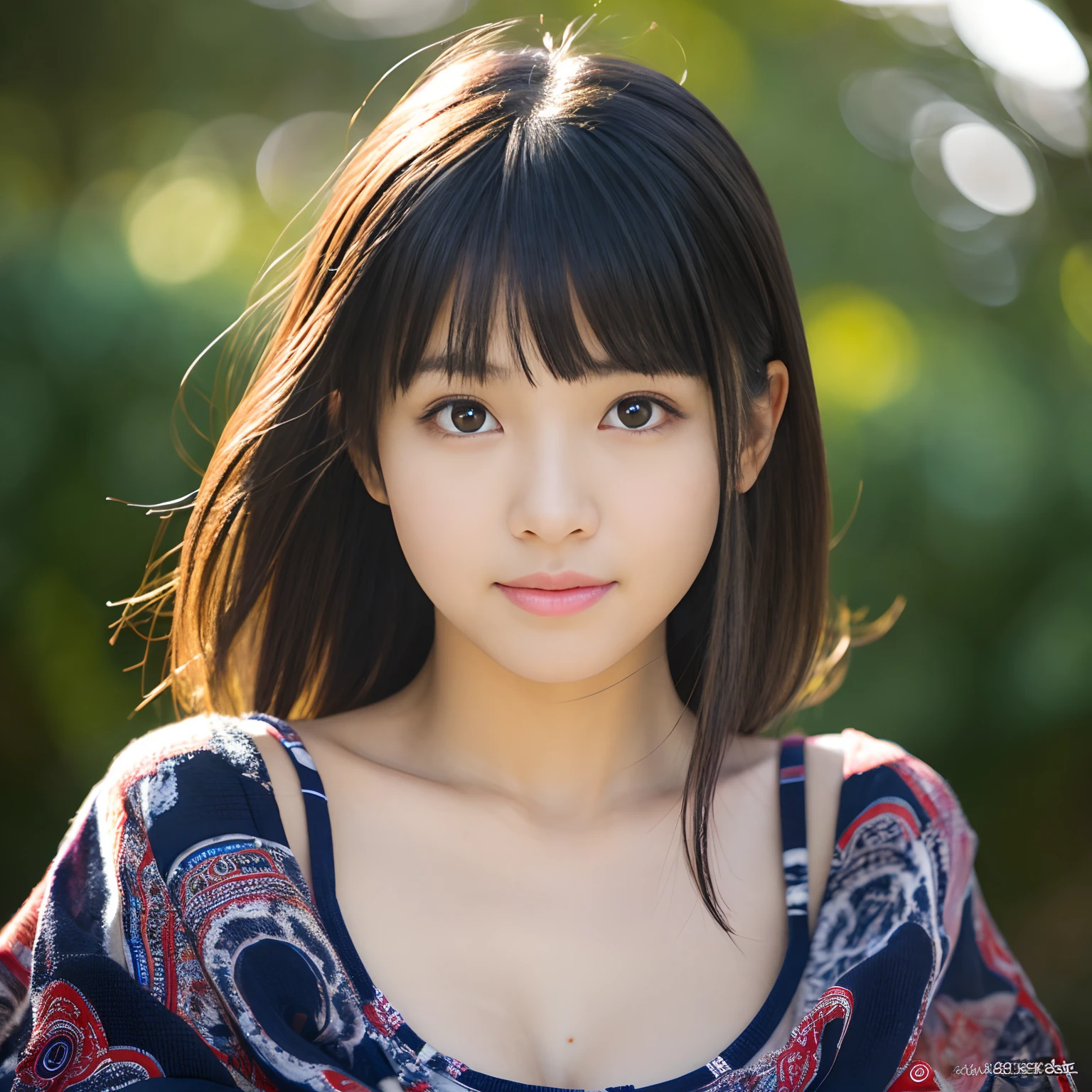 (highest quality,masterpiece:1.3,Ultra-high resolution),(Super detailed,Caustics,8k), (Photorealistic:1.4, RAW shooting),Backlight,sunshine,blue sky,Japanese garden,Japanese,20-year-old,smile,Natural brown medium hair(Short-sleeved tops),Big Breasts,(Bust up shot),Natural light,Lens flare,(Low position),(Low - Angle),Face Focus,Face close up