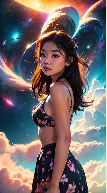 Beautiful face, beautiful body, Girl standing in the clouds staring up as the stars, stars floating around her, brilliant colors, amazing swirls of cosmic dust, colorful vibrant, light particles, Create digital artwork in the Pop Art style, Featuring a vibrant and confident young Asian girl,street fashion (breast), Movie color scheme, Surrounded by vintage flower motifs, Vibrant brushstrokes,Emotions should be dynamic, Upper body, Drawing, illustration, escala cinza, tropical, Many flowers,