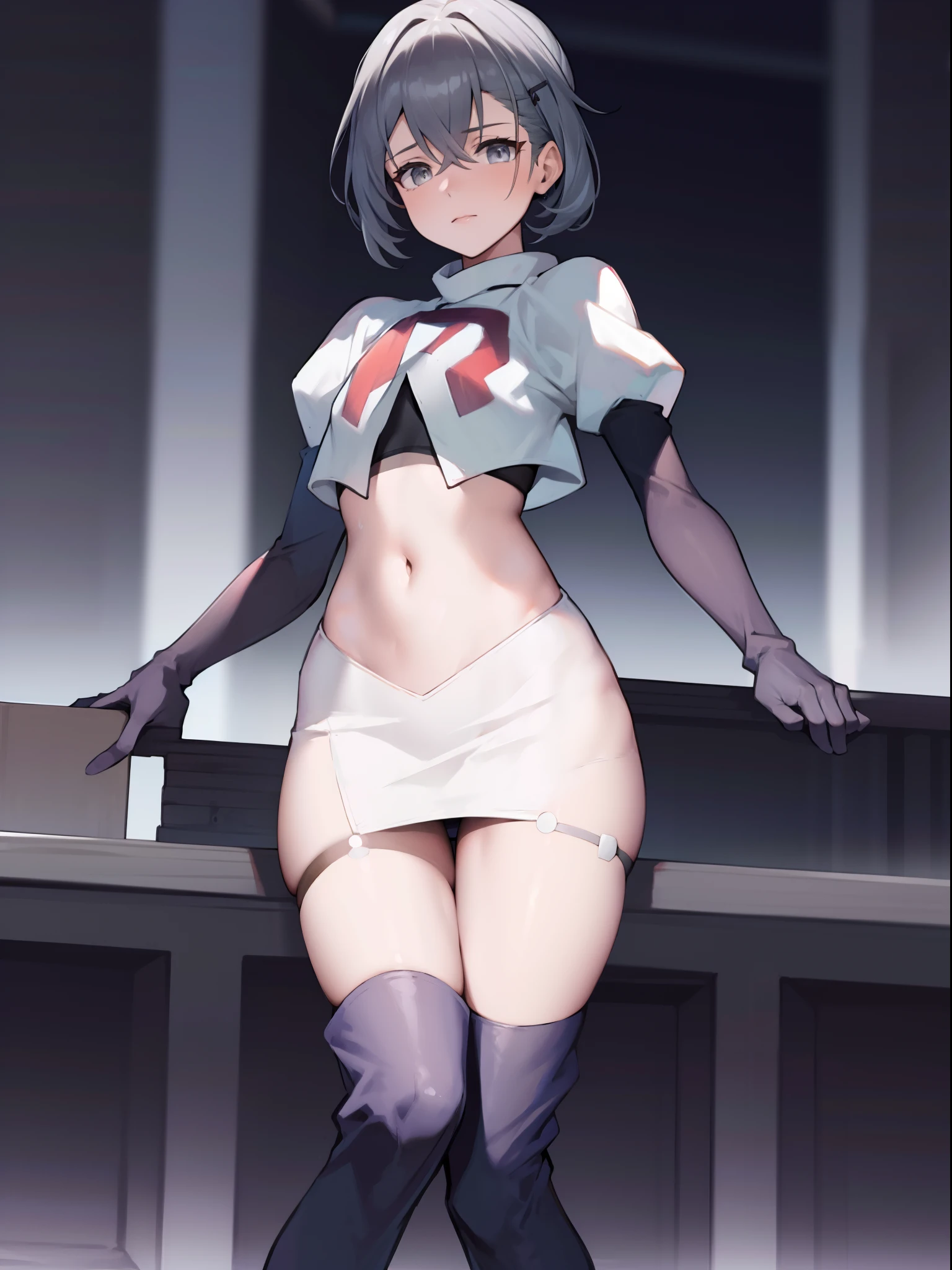 SilverwolfV5, grey eyes,team rocket,team rocket uniform,white skirt,crop top,black thigh-high boots,black elbow gloves,