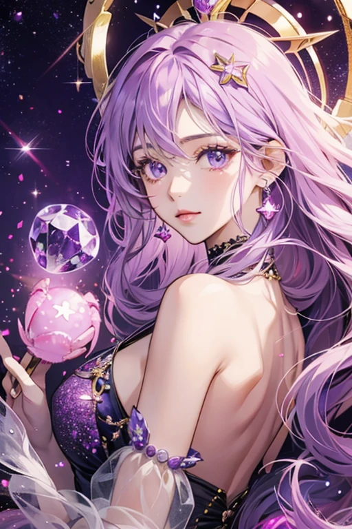 anime style; 3d; glitter; horoscope sign Cancer princess; color lavender; Crab details; ♋ symbol; amethyst stone;