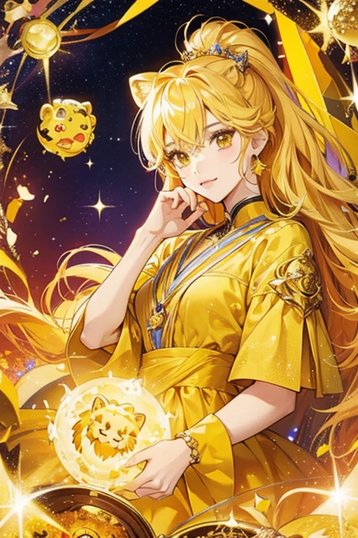 anime style; 3d; glitter; horoscope sign Leo princess; color yellow; Lion details; ♌ symbol; citrine stone;