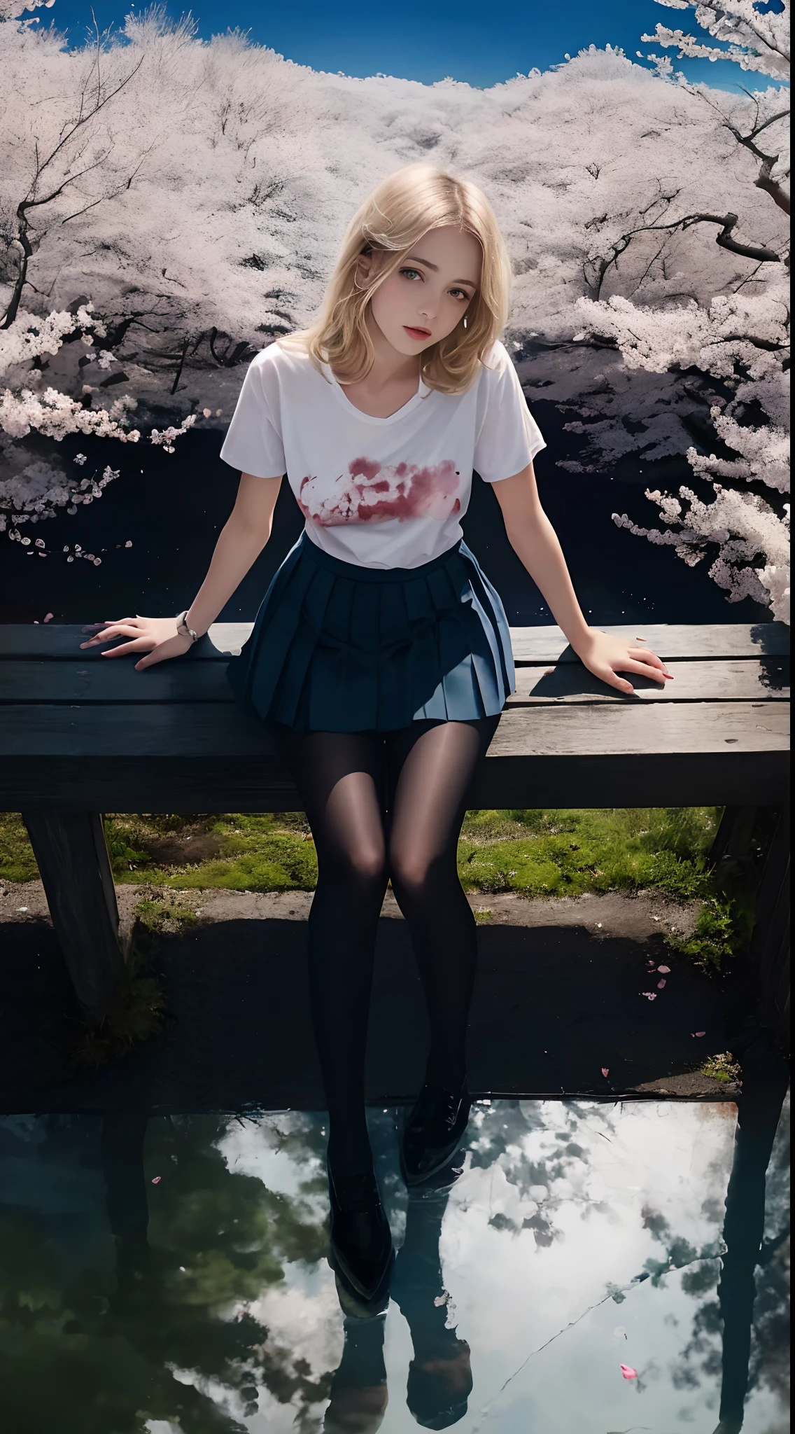 Pre-teen, 16 years old, European, blonde, small breasts, big eyes, long legs, close-up of thighs, t-shirt with deep neckline, skirt tiny pleated, black tights, high heel shoes, Extremely high angle shot, from above the girl, (Reelmech: 1.5), vagina showing, park background, Trees, cherry blossom, mirrored floor with reflections, sitting on school chair , blood on t-shirt, ray tracing, HDR