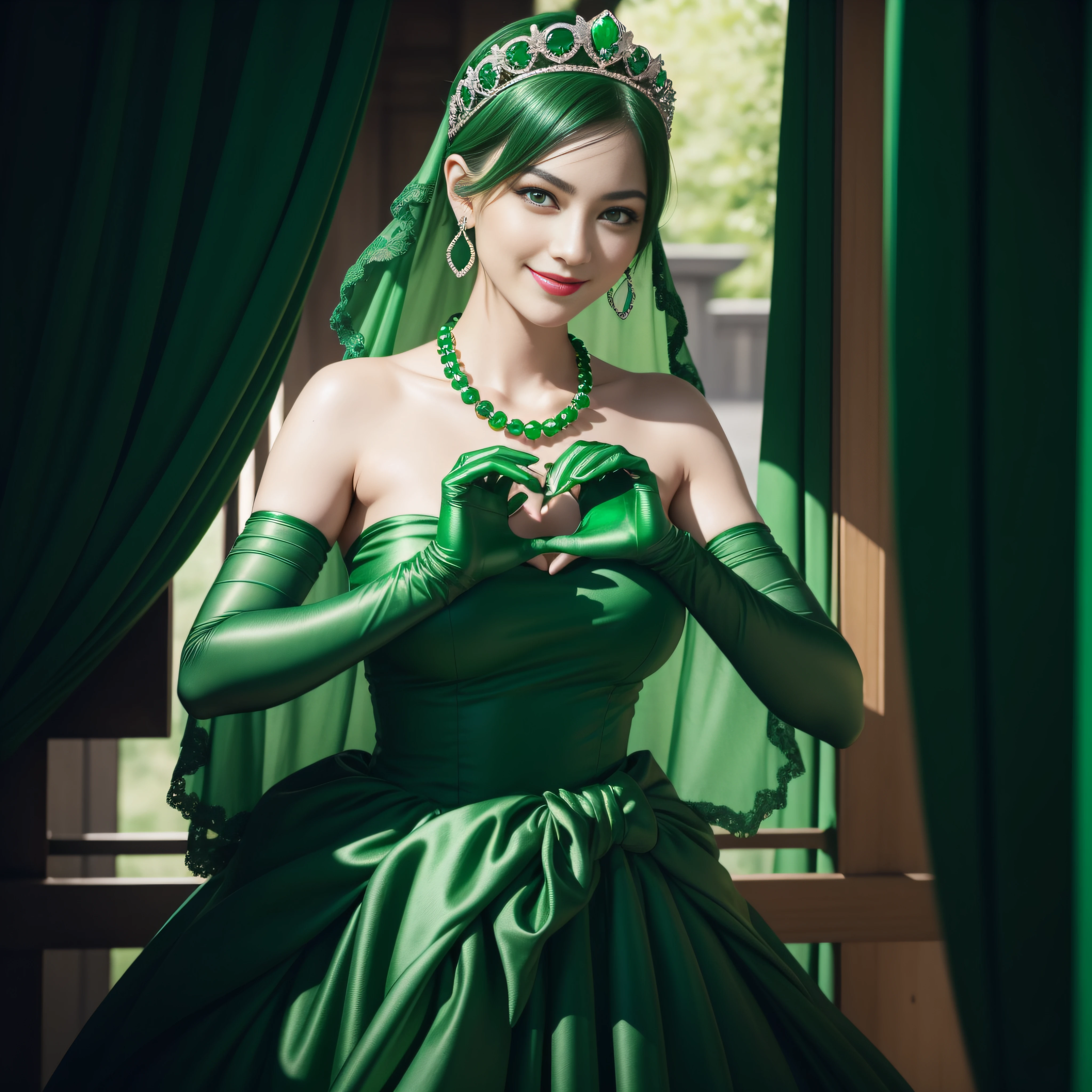 emerald tiara, Green Pearl Necklace, Boyish very short green hair, lipsticks, Japan woman smiling, very short short hair, big breasts beautiful, Green eyes, Long green gloves made of satin material, Green eyes, Emerald Earrings, green vale, Heart with both hands