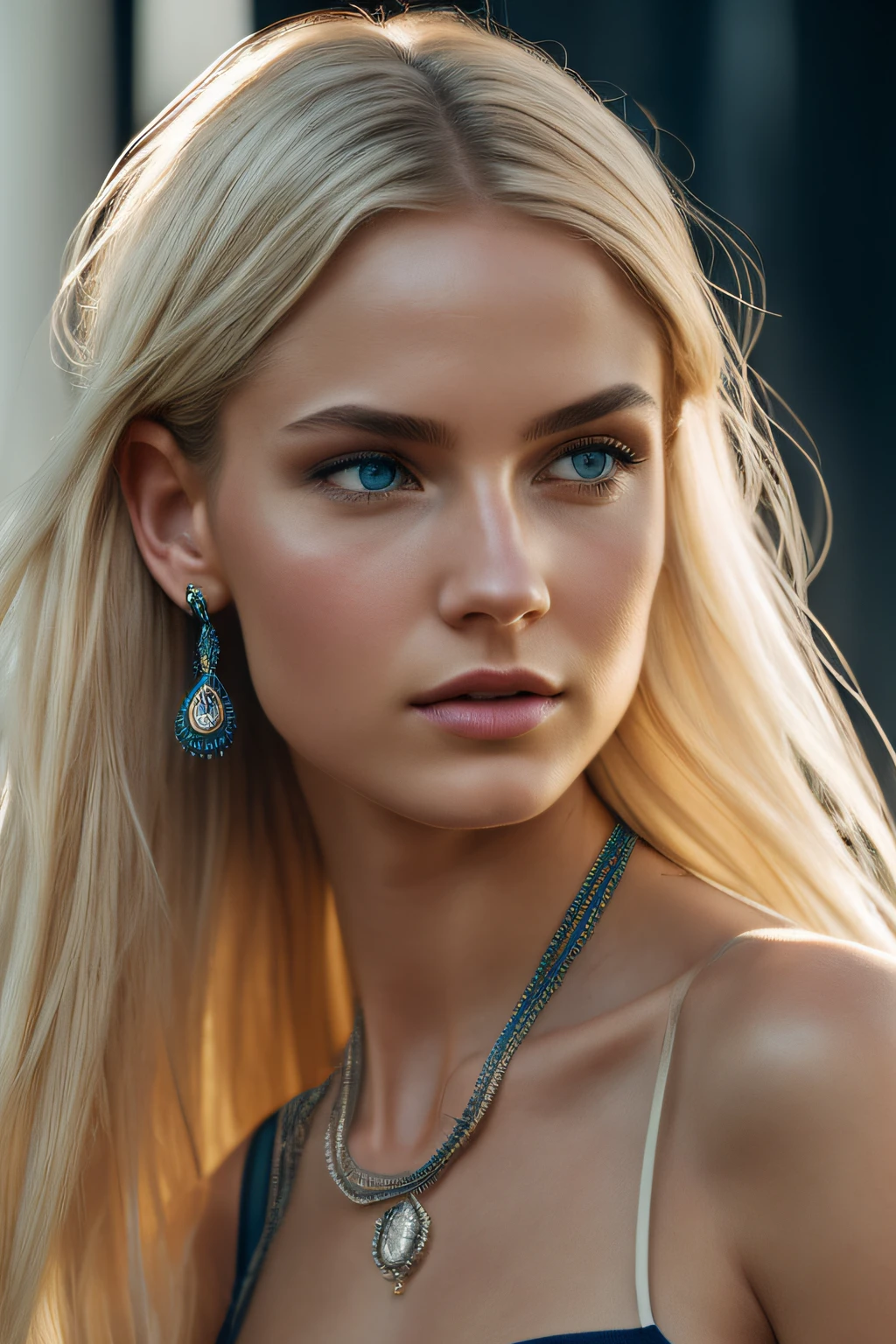 Slender, young, short blonde hair, blue eyes, in city, natural skin texture, looking at side, full body, at the gym 24mm, 4K textures, soft cinematic light, RAW photography, photorealistic, photorealistic, complex, elegant, highly detailed, sharp focus, (((cinematic look))), calm Tone, Insane Detail, Complex Detail, Ultra Detail, High Contrast, Soft Cinematic Light, Dim Colors, Exposure Blending, HDR, Faded, Cold, Waist Thin, Well-Proportioned, (8k, 4k, Top Quality, Hi-Res: 1.1), (Realistic, Photorealistic: 1.1), Girl 1 People, Solo, Twin Tails, Blonde Hair, Bangs, Long Hair, Necklace, Earrings, Lips, Eye Shadow, Jewelry, (Viewer Looking For: 1.8), Spaghetti Straps, Detail, High Contrast, from_side, srfc, stunning complex full color, spectacular character composition, sharp focus, natural light, sub-surface scatter, f2, 35mm, film grain