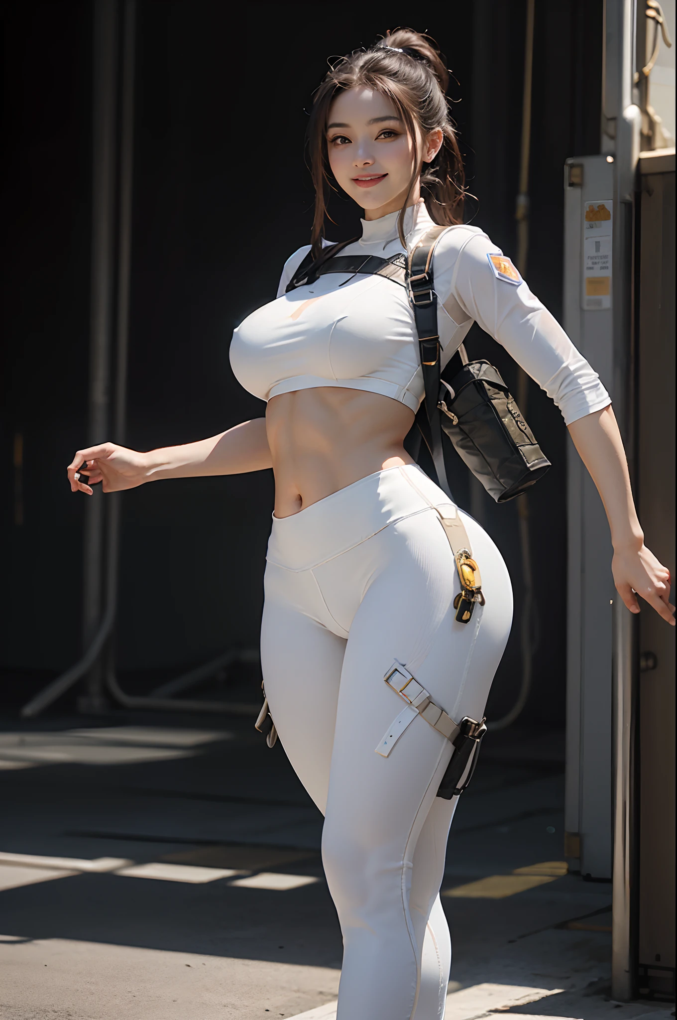 (Highest image quality, outstanding details, ultra-high resolution), 1 girl, suit((futuristic military outfit inspired by translucent white yoga pants, military harness, military gears such as pouches)), (glamour body, curvy body, buffed body, thicc thighs, tight abs), background(in the military base), (walking, smiling), ((seen from back, look away from camera):0)