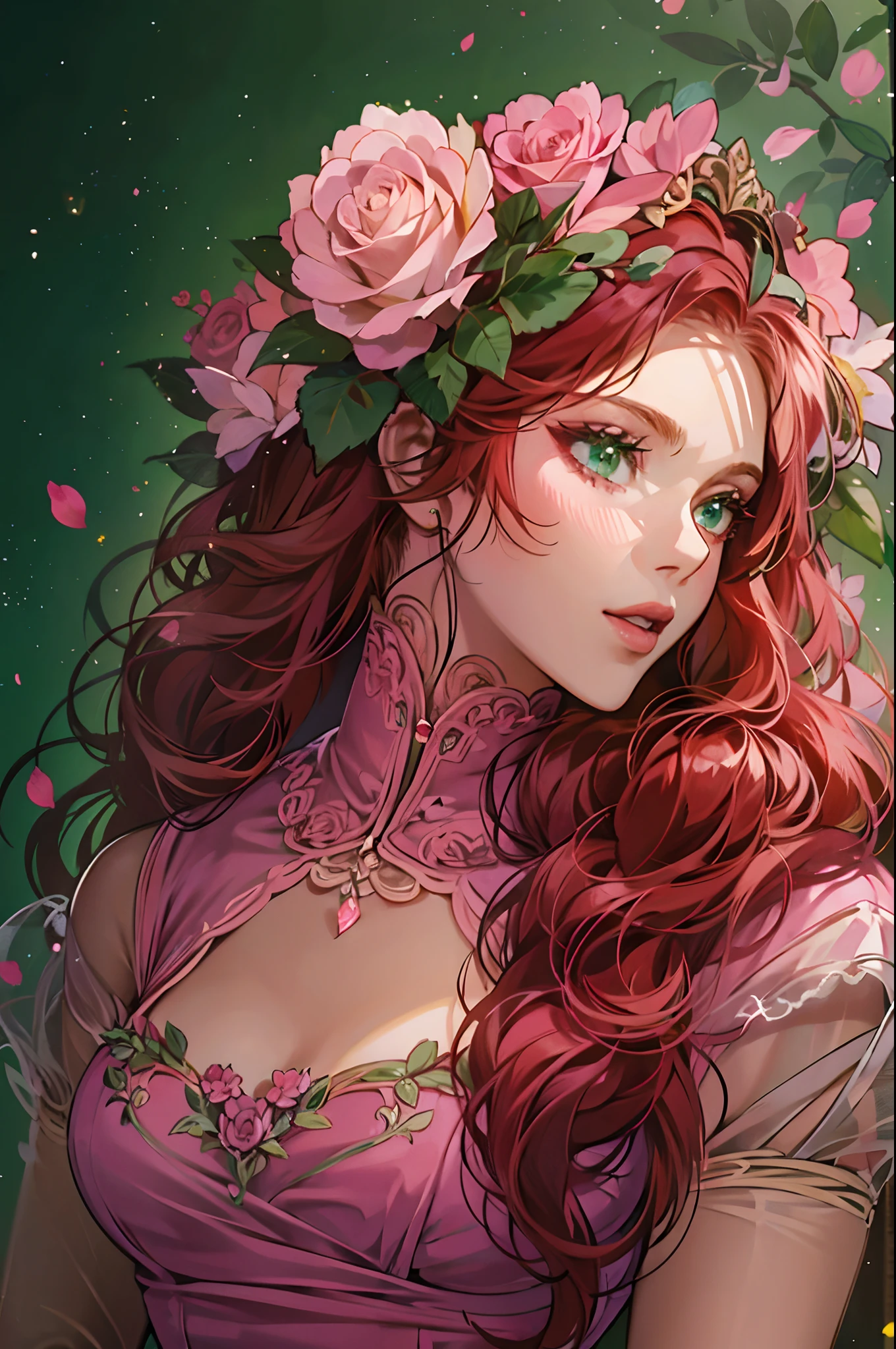 woman, beautiful, redhead, side part hairstyle, dark green eyes, flower crown, pink roses, dress, princess, fantasy