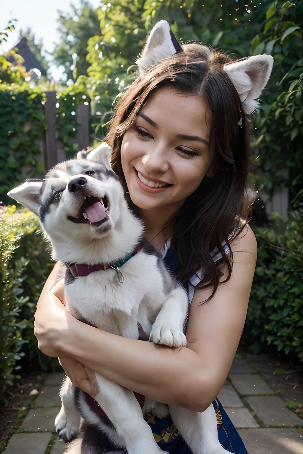 "Por favor, Create a captivating image with the highest quality, Advanced details, and a cinematic style that depicts a Husky dog happily playing in a sunny garden while a child laughs and enjoys. Capture the beauty of the moment and the connection between the Husky and the child, Enhancing the atmosphere of joy and happiness. Make sure the image conveys a sense of warmth and pleasure."