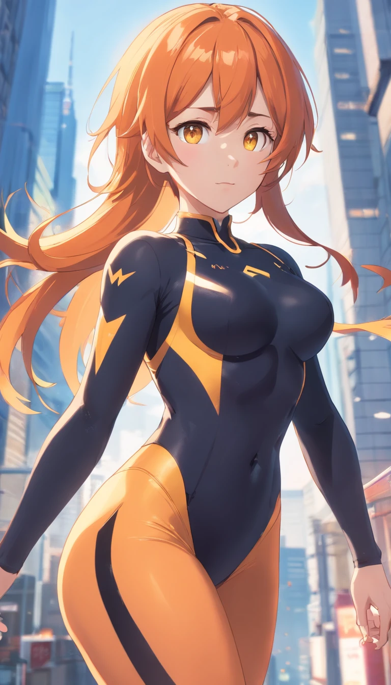 ​masterpiece、top-quality、1 female、Orange hair、huge tit、Big ass、black fullbody tights suit、yellow eyes、thick thighs、Wavy hair、wide hips、Thigh muscles、(Spark:0.7)、musculature、abdominals