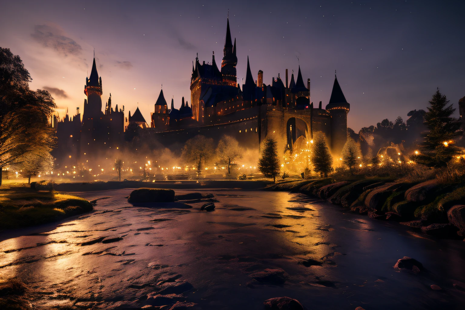 a medieval magic festival on a moonlit night, In the center of the image is 1 stunning Gothic castle that serves as the backdrop for the magic performances and activities taking place. Enchanted light effects add to the ethereal atmosphere of the scene,The color scheme is rich jewel tones with gold accents, adding to the magical vibe,elegant,fantasy, global illumination, backlighting,bloom, ((cold light)), sharp focus, photo realistic, background out of focus, cinematic composition , ultra-detailed, realistic , hyper-realistic , volumetric lighting, 8k, trending on artstation