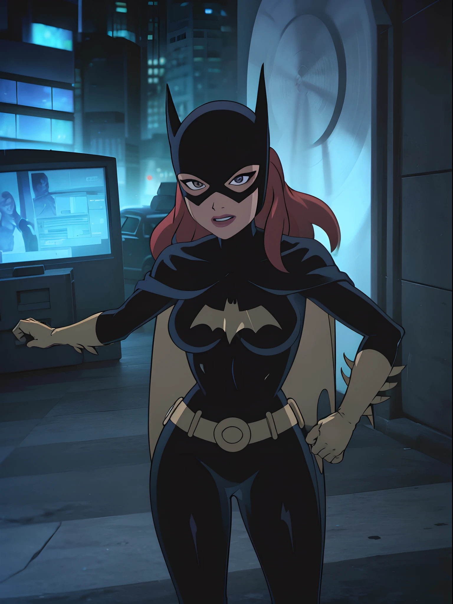 Batgitlfit, cabelos muito longos, cabelos ruivos, cabelo entre os olhos, rabo de cavalo alto, Fechaduras laterais, Olhos azuis, Batgirl, roupas brilhantes, impossible bodysuit, Pele apertada, skirt, Olhando para o Viewer sorrindo, (),(pernas musculosas:1.3), ((action pose)), ((She's in the Batcave))