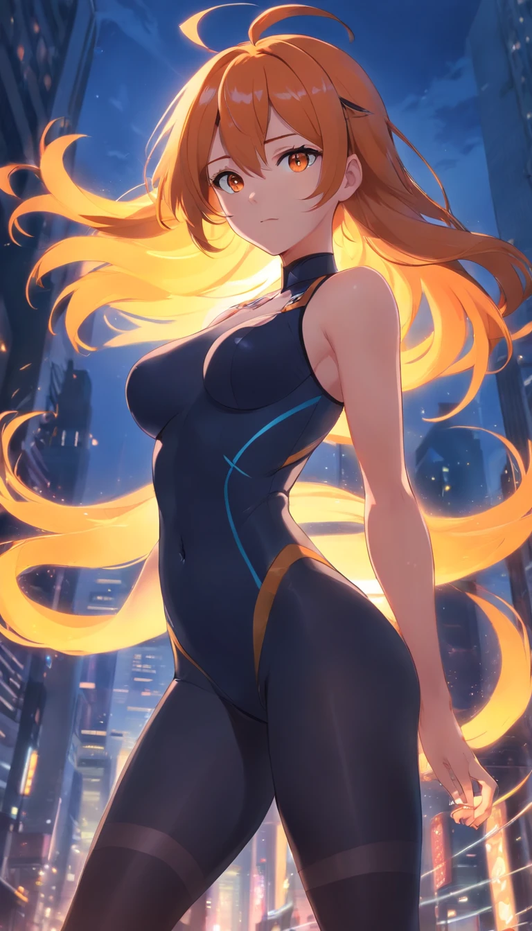 masterpiece、top-quality、1 female、Orange hair、huge tit、Big ass、black fullbody tights suit、yellow eyes、thick thighs、Wavy hair、wide hips、Thigh muscles、(Spark:0.7)、musculature、abdominals