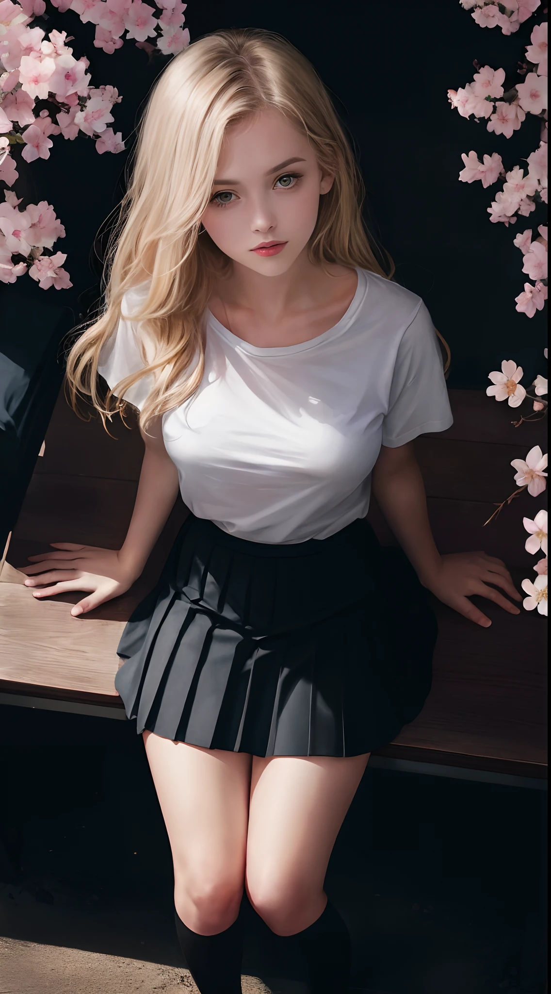 Pre-teen, 16 years old, European, blonde, small breasts, big eyes, long legs, close-up of thighs, t-shirt with deep neckline, skirt tiny pleated, black tights, high heel shoes, Extremely high angle shot, from above the girl, (Reelmech: 1.5), vagina showing, park background, Trees, cherry blossom, mirrored floor with reflections, sitting on school chair , blood on t-shirt, ray tracing, HDR