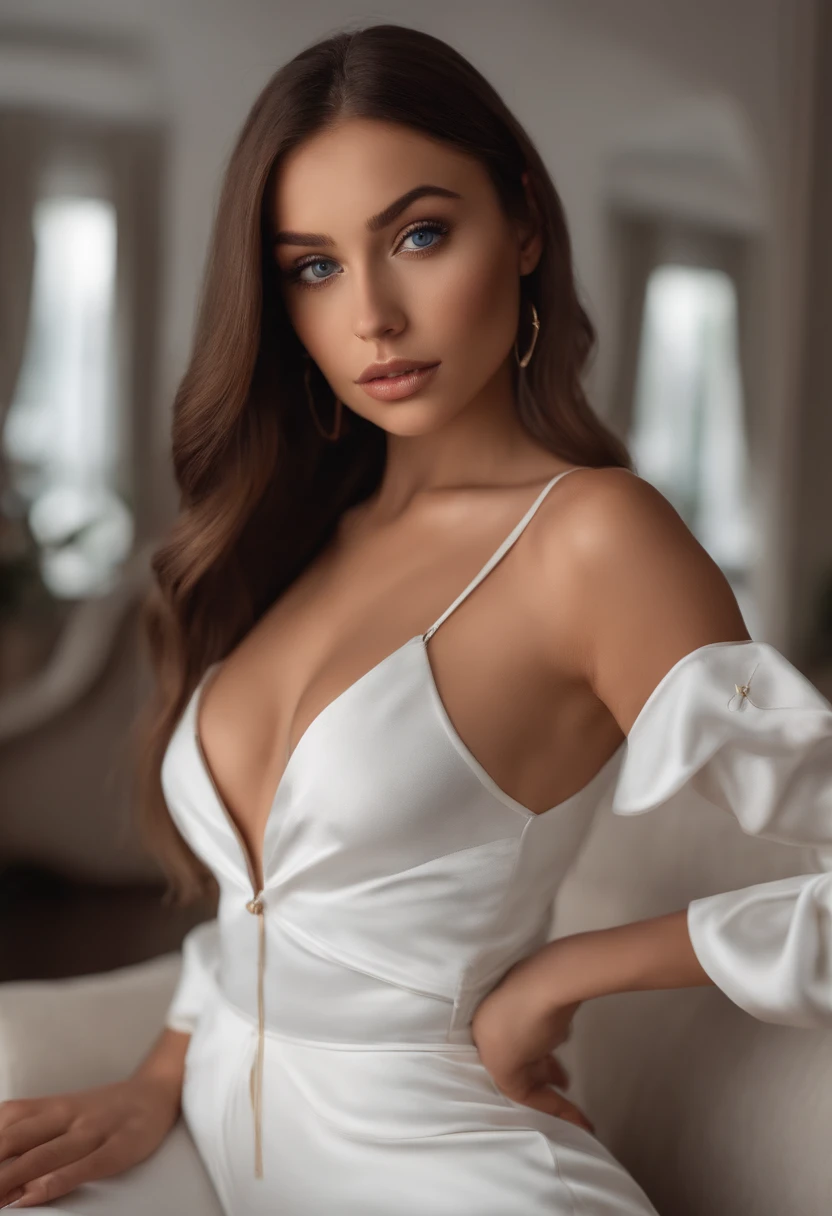 Latino and Swedish Woman, sexy girl with blue eyes, ultra realist, Meticulously detailed, Portrait Sophie Mudd, brown hair and big eyes, selfie of a young woman, club background, white suite, with makeup, natural makeup, looking straight at camera , Face with Artgram, Subtle makeup, Great photo of the whole body kneeling on the couch, in the room, Medium to large bust, in a sexy black bikini outfit, standing on the room