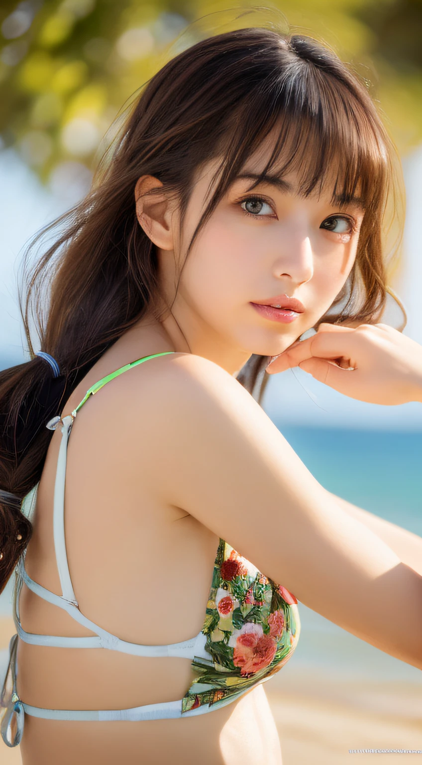 masutepiece, Best Quality, Illustration, Ultra-detailed, finely detail, hight resolution, 8K Wallpaper, Perfect dynamic composition, Beautiful detailed eyes, Swimsuit, Random and cute hairstyles, medium breasts, Natural Color Lip,Beach, Random and cute pose