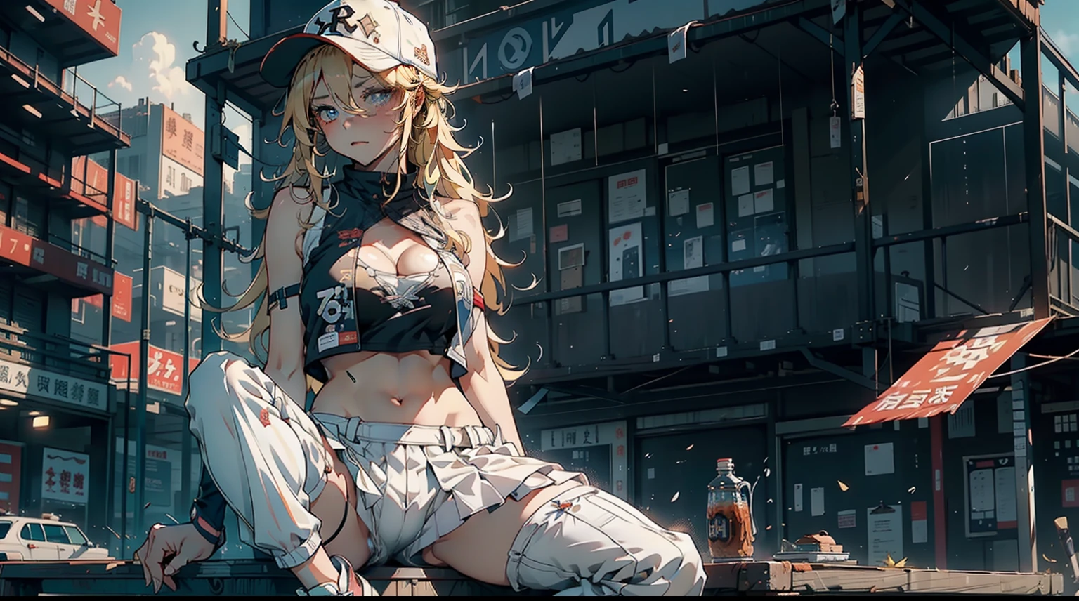 1female,21 years old,熟妇,medium breast, thin waist, slender legs,Pornographic exposure, 独奏,(Background with:baseball field) She has long blonde hair,((blonde hair)), seen from the front, hair straight, mostly cloudy sky,(((tmasterpiece),(Very detailed CG unity 8K wallpaper),best qualtiy,cinmatic lighting,detailed back ground,beatiful detailed eyes,Bright pupils,(Very fine and beautiful),(Beautiful and detailed eye description),ultra - detailed,tmasterpiece,)),facing at camera,A high resolution,ultra - detailed),revealing breasts,Bare genitalia, Bulge,legs are open,Raised sexy,Flushed complexion,Open-mouthed,frontage,baseball player,(Wearing:baseball tank top,baseball skirt,baseball cap, sneaker), (((underboobs))), sitting on the field