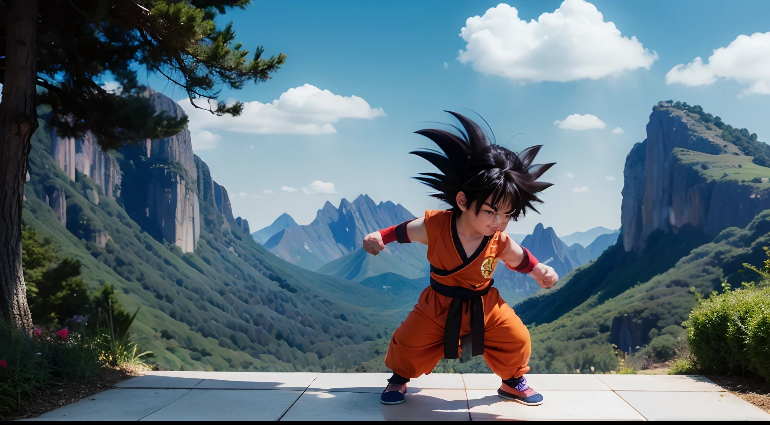 KidGoku, black hair, spiked hair, monkey tail, wristband, dougi, male child, outdoors, boy, hands down