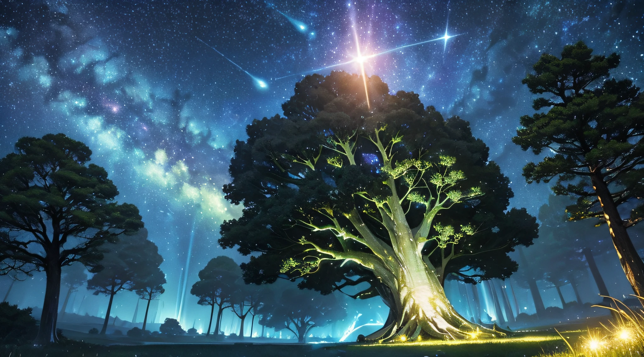 masterpiece、Background with((Fantastic starry sky、meteors、black hole))、Depth((Huge fantastic tree、Luminescent vegetation))、Looking up
