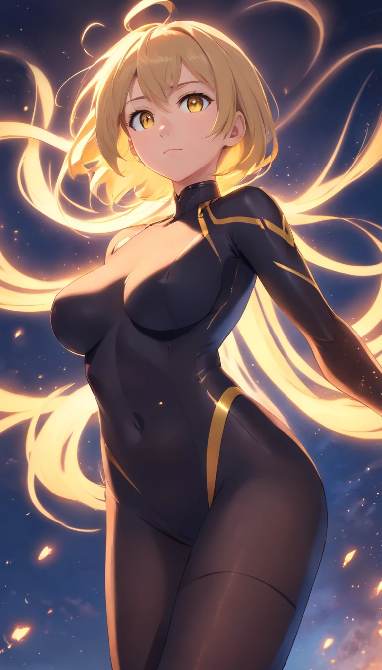 masterpiece、top-quality、1 female、blond hair、huge tit、Big ass、black fullbody tights suit、yellow eyes、thick thighs、Wavy hair、wide hips、Thigh muscles、(Spark:0.7)、musculature、abdominals、Brown skin、blacks
