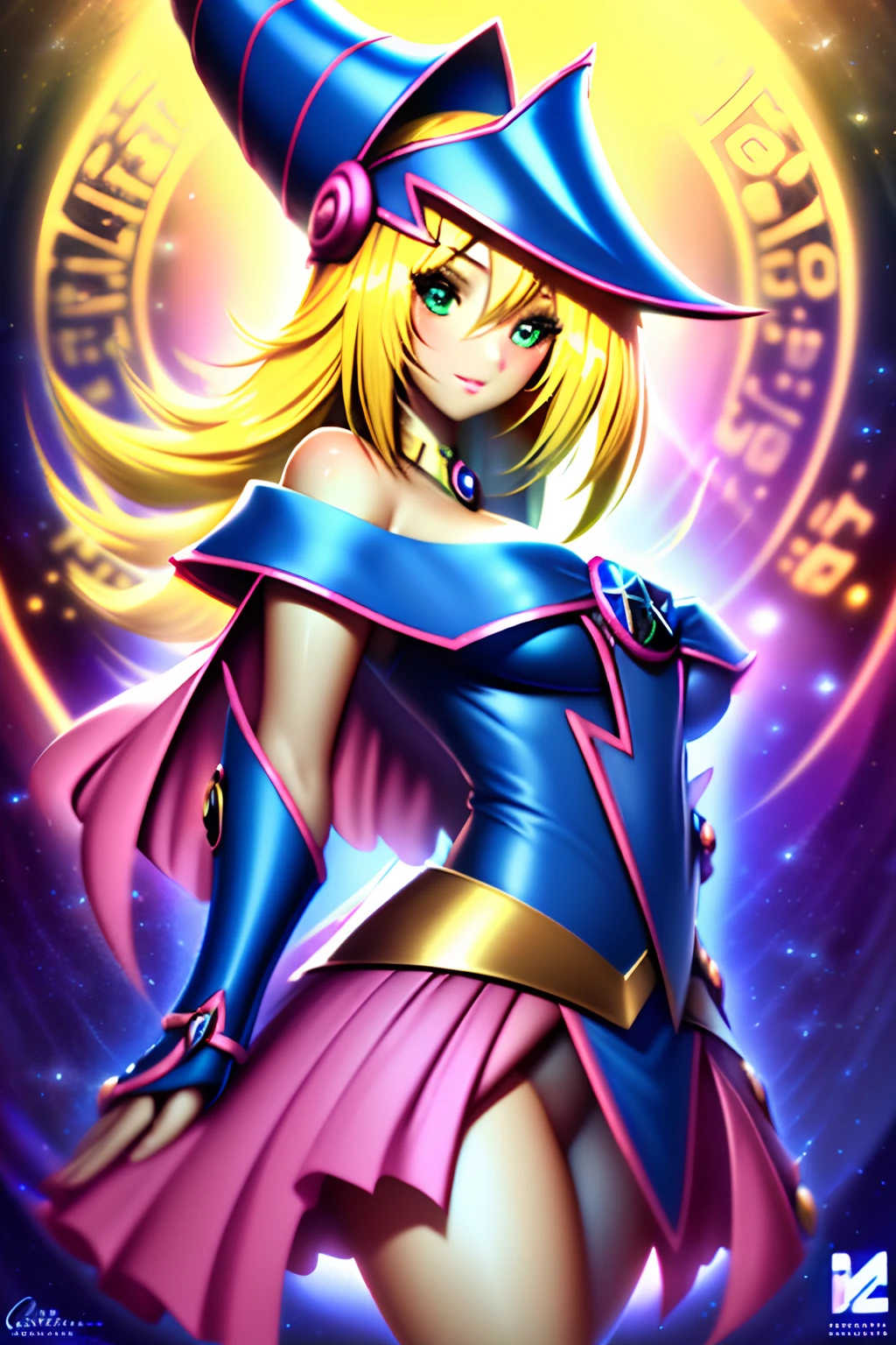 ((La mejor calidad)), ((Obra maestra)), ((realista)), retrato, dark magician gils. ojos azules. cabello rubio.
1girl, celestial, Deidad, diosa, light particles, halo, Mirando al espectador,
(bioluminiscente:0.95), Vibrante, Colorido, Color, (resplandeciente, resplandecer),
(beautiful composition), cinematic lighting, intrincado, (Symmetrical:0.5), Caprichoso,