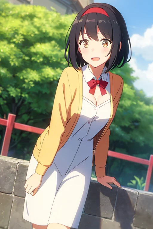 1girl, black hair, short hair, bobbed-hairstyle, red headband, red ribbon, brown eyes, open mouth :D, medium breast, yellow cardigan, open shirt, white dress, cleavage, cute, outdoors