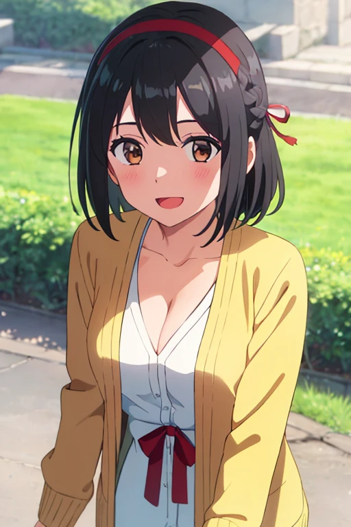 1girl, black hair, short hair, bobbed-hairstyle, red headband, red ribbon, brown eyes, open mouth :D, medium breast, yellow cardigan, open shirt, white dress, cleavage, cute, outdoors