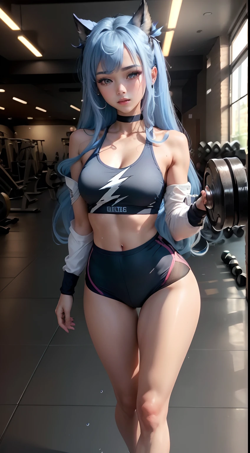 ((small Chest)), (((,)), ((Head Too Small)), Daylight, Sunlight, Bright Light, (Perfect Body: 1.1), (Full Body), (Long Straight Hair: 1.2, Blue Hair, Fine Mesh), Full Body Shot, ((Workout Tight Use), (Sweat), (Very Detailed CG 8k Wallpaper), (Extremely Delicate and Beautiful), (Masterpiece), (Best Quality:1.0), (超A High Resolution:1.0),   (realisitic), beautiful lightning ,perfect lightning, realistic shadows, [high resolution], detailed skin, ultra detailed, slim body), (beautiful hair, straight hair, real hair, Detailed hair), thin clavicle, beautiful breasts, blush, photorealistic, realistic face, beautiful face, beautiful eyes, small eyes, beautiful smile, (((colorful))), (eyeliner), (eyeshadow), (in the gym), Looking back, Big hip, (child's ,